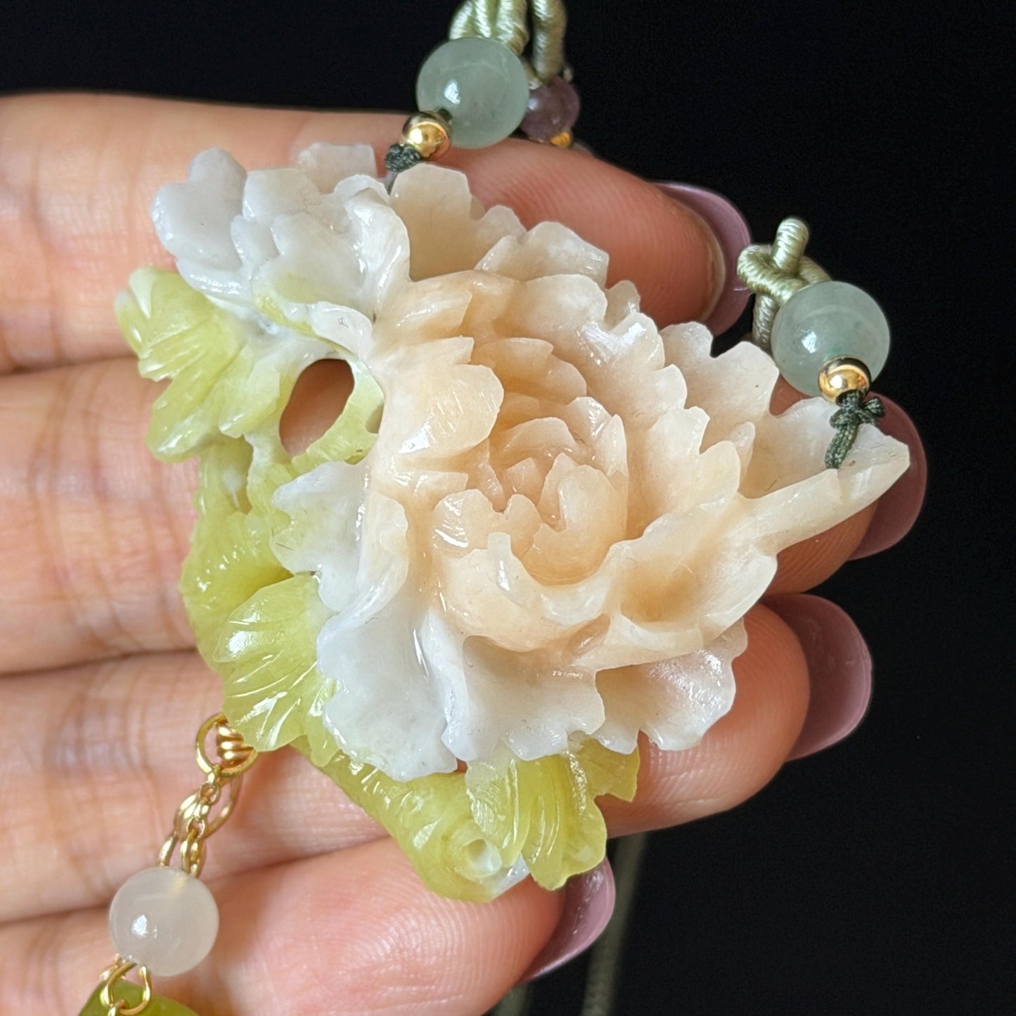 Xiu Jade Serpentine Hand Carved Peony Flower Pendant Adjustable Necklace Choker: Natural Untreated Pink Beign and Green Jade Carving Charm