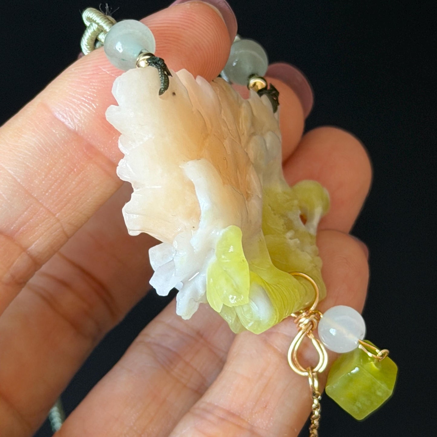 Xiu Jade Serpentine Hand Carved Peony Flower Pendant Adjustable Necklace Choker: Natural Untreated Pink Beign and Green Jade Carving Charm