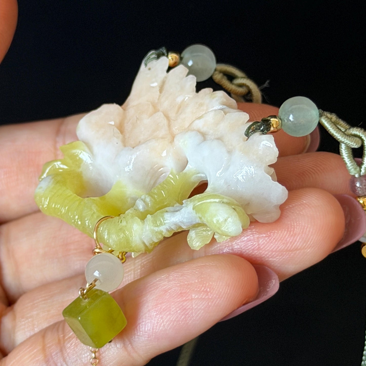 Xiu Jade Serpentine Hand Carved Peony Flower Pendant Adjustable Necklace Choker: Natural Untreated Pink Beign and Green Jade Carving Charm