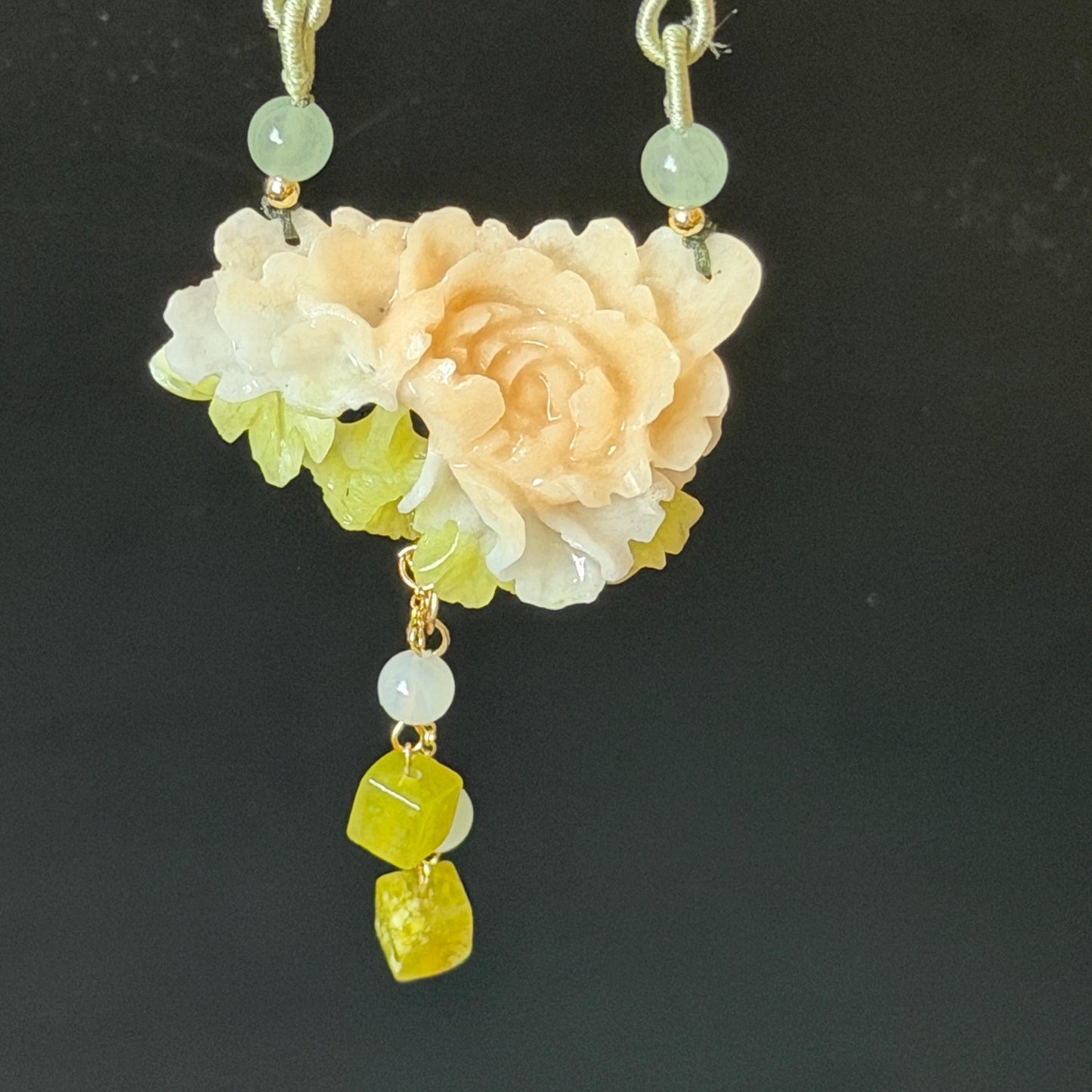 Xiu Jade Serpentine Hand Carved Peony Flower Pendant Adjustable Necklace Choker: Natural Untreated Pink Beign and Green Jade Carving Charm