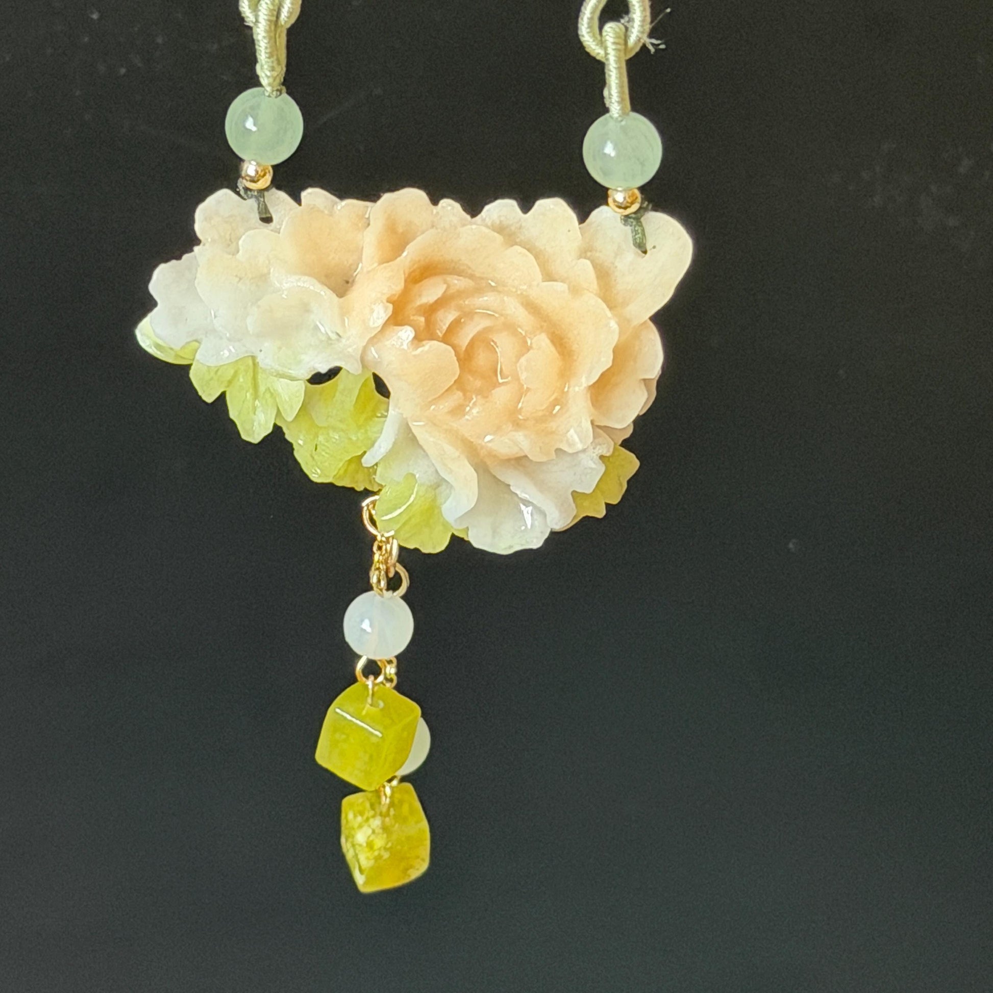 Xiu Jade Serpentine Hand Carved Peony Flower Pendant Adjustable Necklace Choker: Natural Untreated Pink Beign and Green Jade Carving Charm