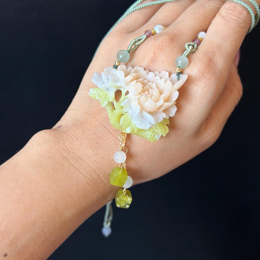 Xiu Jade Serpentine Hand Carved Peony Flower Pendant Adjustable Necklace Choker: Natural Untreated Pink Beign and Green Jade Carving Charm