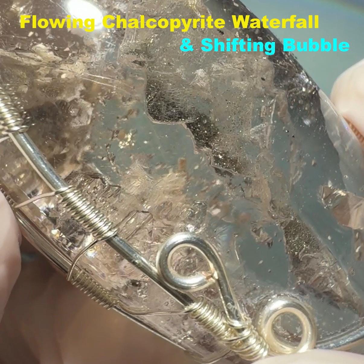 Ultra Rare! Moving Chalcopyrite Enhydro Quartz Cabochon Pendant Adjustable Necklace: with Shifting Bubble Inclusion Polished Crystal | Natural Gemstone Birthstone Gift for her enhydro crystal water bubble inclusion quartz chalcopyrite cubes mineral specimen silver pendant flowing sand inclusion rainbow quartz big enhydro charm choker palm stone for meditation healing stone necklace chakra abundance stone chakra crystal healing stone birthday gift