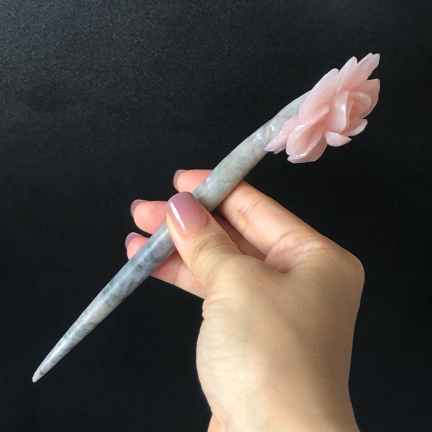 Xiu Jade Serpentine Hand Carved Pink Camellia Flower Hair Pin: Natural Pink & Grey Jade Handcrafted Hair Stick 3D stone carving Hair Jewelry | Asian Chinese Vintage Hanfu Hair Fork gift for her pink jade carving grey jade flower carving camellia carving hand engraved flower hairpins japanese hair stick korean hair pins vinatge hair fork chinese hair comb antique hairpins wedding headpiece engagement hair jewelry bridal shower gift bridal hair accessory 3D stone carving