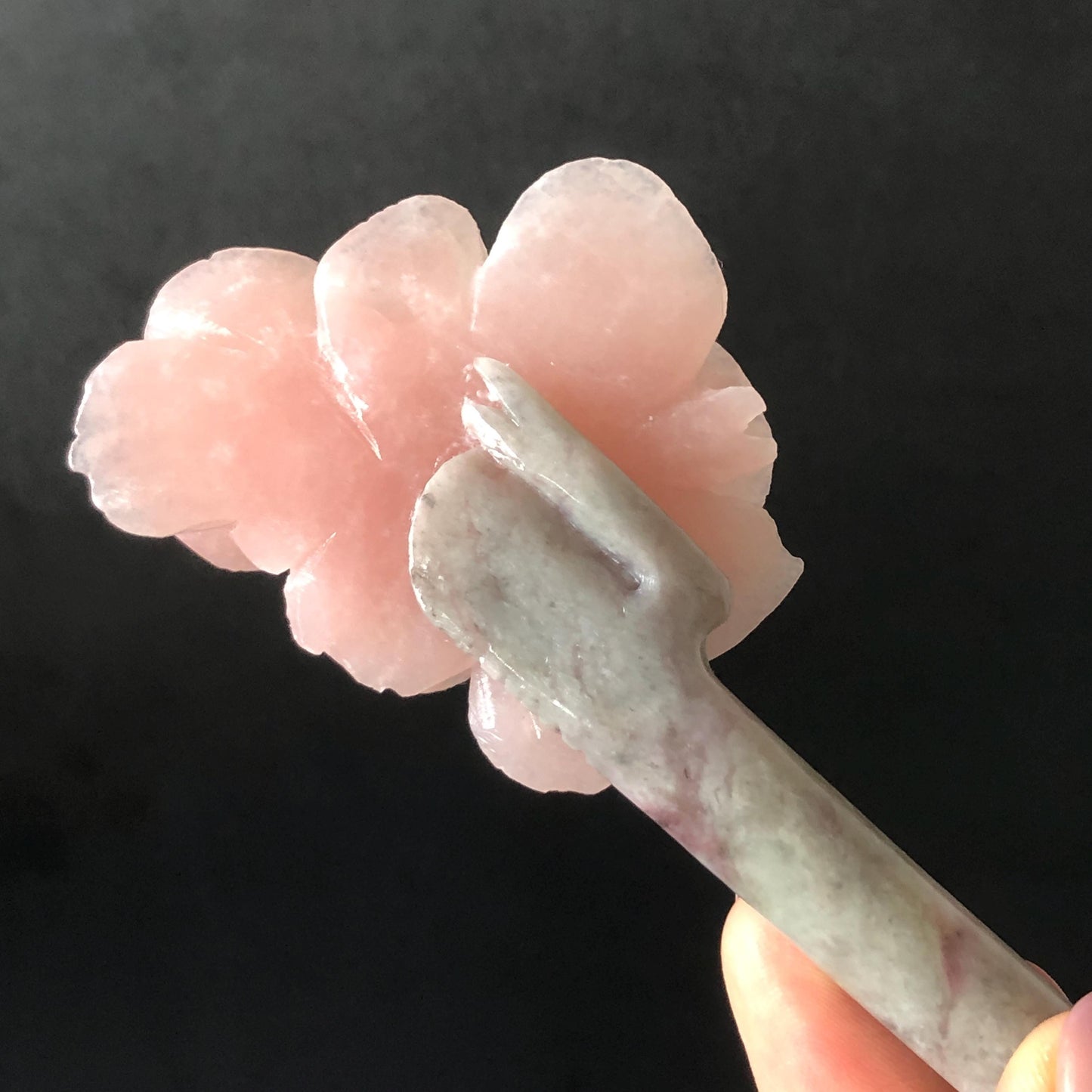 Xiu Jade Serpentine Hand Carved Pink Camellia Flower Hair Pin: Natural Pink & Grey Jade Handcrafted Hair Stick 3D stone carving Hair Jewelry | Asian Chinese Vintage Hanfu Hair Fork gift for her pink jade carving grey jade flower carving camellia carving hand engraved flower hairpins japanese hair stick korean hair pins vinatge hair fork chinese hair comb antique hairpins wedding headpiece engagement hair jewelry bridal shower gift bridal hair accessory 3D stone carving