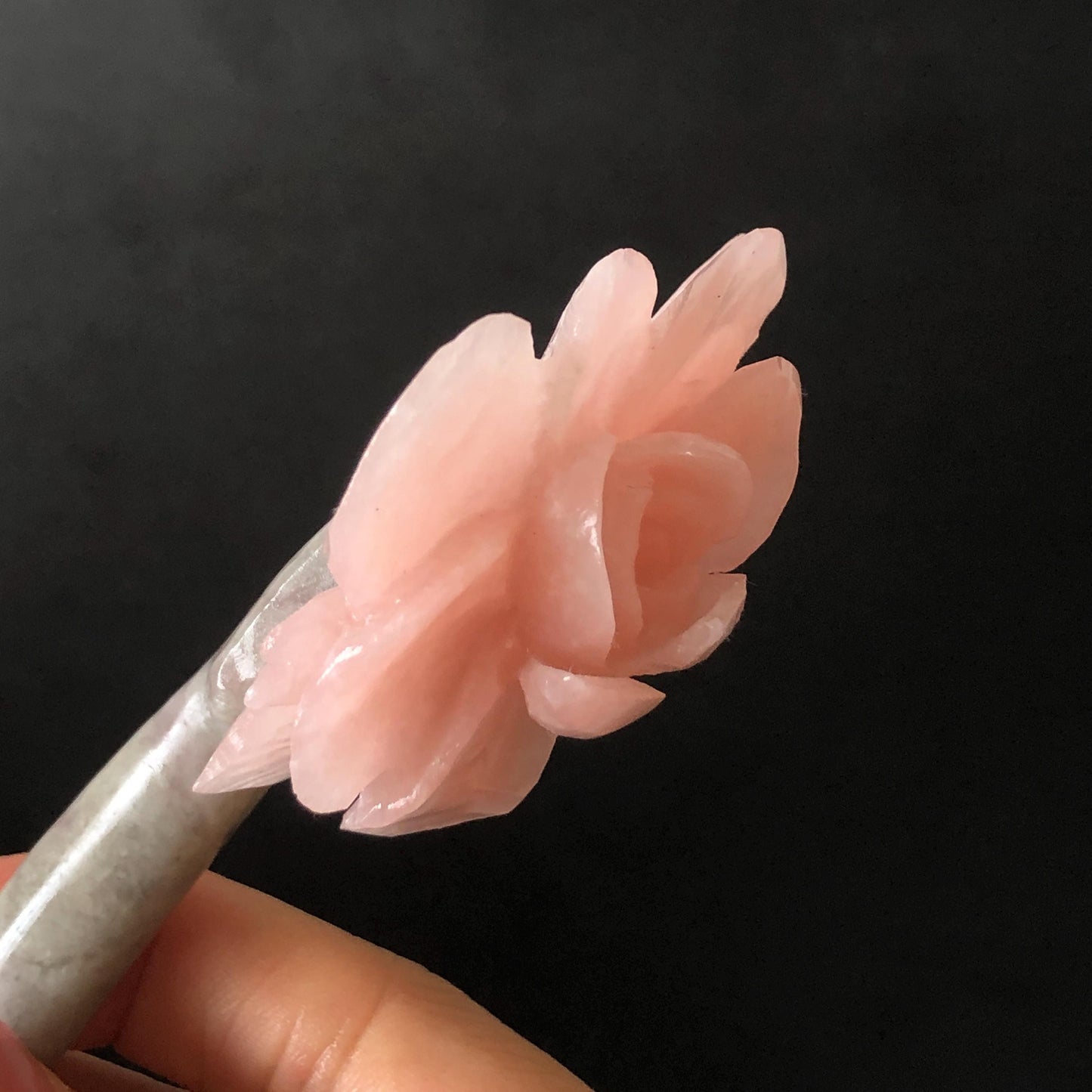 Xiu Jade Serpentine Hand Carved Pink Camellia Flower Hair Pin: Natural Pink & Grey Jade Handcrafted Hair Stick 3D stone carving Hair Jewelry | Asian Chinese Vintage Hanfu Hair Fork gift for her pink jade carving grey jade flower carving camellia carving hand engraved flower hairpins japanese hair stick korean hair pins vinatge hair fork chinese hair comb antique hairpins wedding headpiece engagement hair jewelry bridal shower gift bridal hair accessory 3D stone carving