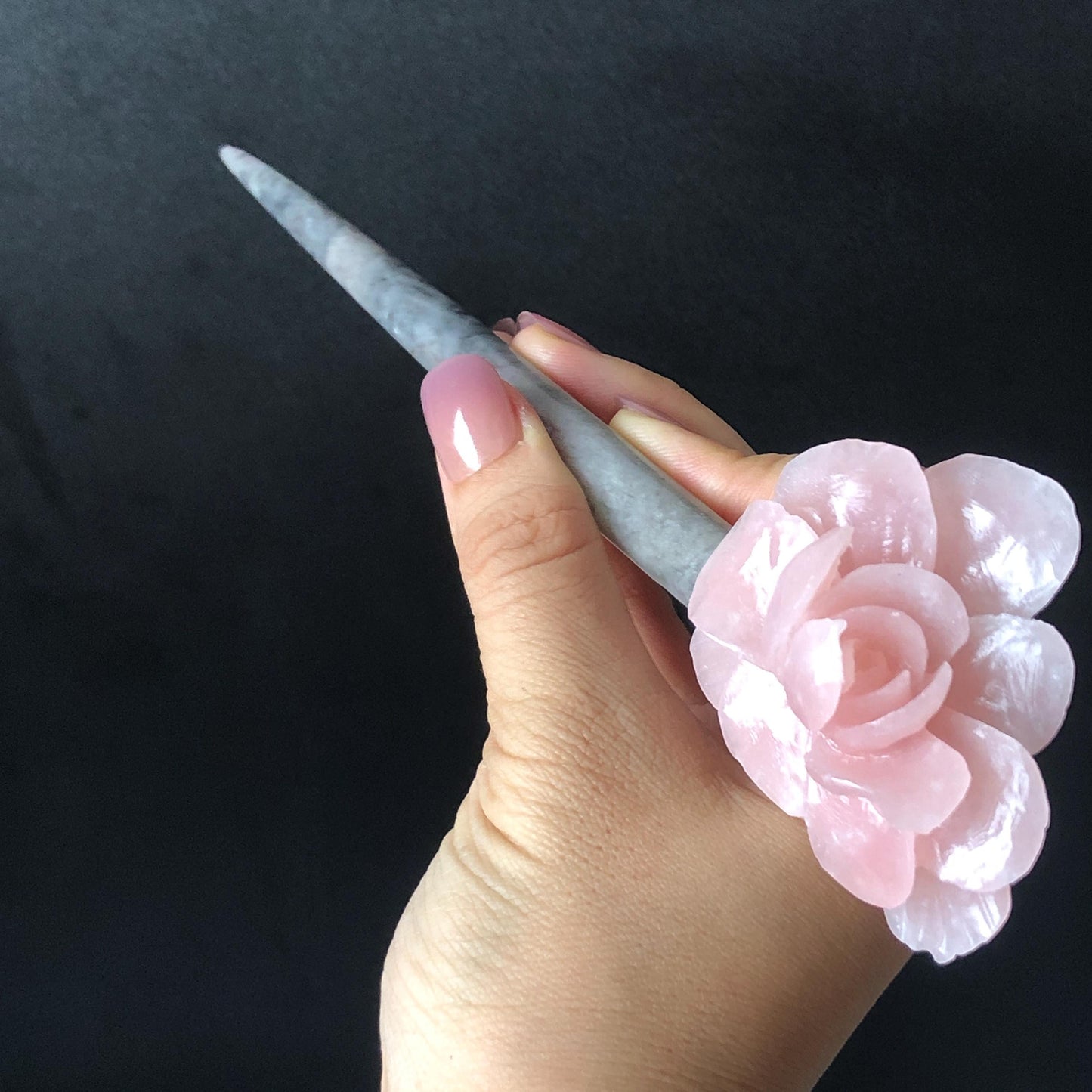 Xiu Jade Serpentine Hand Carved Pink Camellia Flower Hair Pin: Natural Pink & Grey Jade Handcrafted Hair Stick 3D stone carving Hair Jewelry | Asian Chinese Vintage Hanfu Hair Fork gift for her pink jade carving grey jade flower carving camellia carving hand engraved flower hairpins japanese hair stick korean hair pins vinatge hair fork chinese hair comb antique hairpins wedding headpiece engagement hair jewelry bridal shower gift bridal hair accessory 3D stone carving