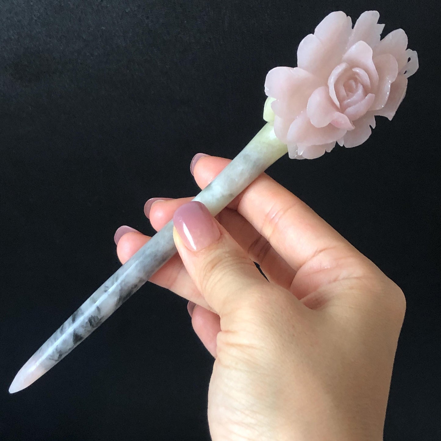 Xiu Jade Serpentine Hand Carved Pink Yulan Flower Hair Pin: Natural Pink Grey Green Jade Handcrafted Hair Stick 3D stone carving Hair Jewelry | Asian Chinese Vintage Hanfu Hair Fork gift for her pink jade carving green jade grey jade flower carving yulan carving hand engraved yulan hairpins japanese hair stick korean hair pins vinatge hair fork chinese hair comb antique hairpins wedding headpiece engagement hair jewelry bridal shower gift bridal hair accessory 3D stone carving