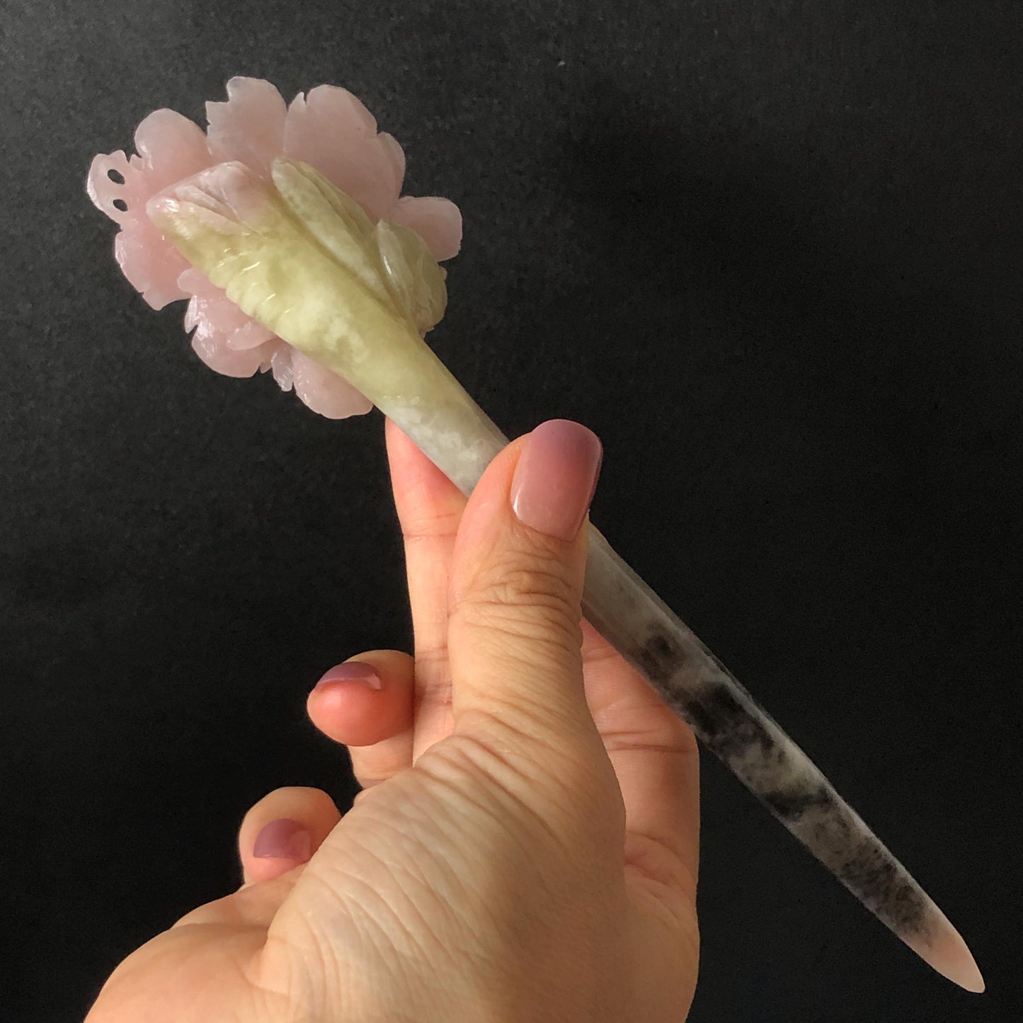 Xiu Jade Serpentine Hand Carved Pink Yulan Flower Hair Pin: Natural Pink Grey Green Jade Handcrafted Hair Stick 3D stone carving Hair Jewelry | Asian Chinese Vintage Hanfu Hair Fork gift for her pink jade carving green jade grey jade flower carving yulan carving hand engraved yulan hairpins japanese hair stick korean hair pins vinatge hair fork chinese hair comb antique hairpins wedding headpiece engagement hair jewelry bridal shower gift bridal hair accessory 3D stone carving