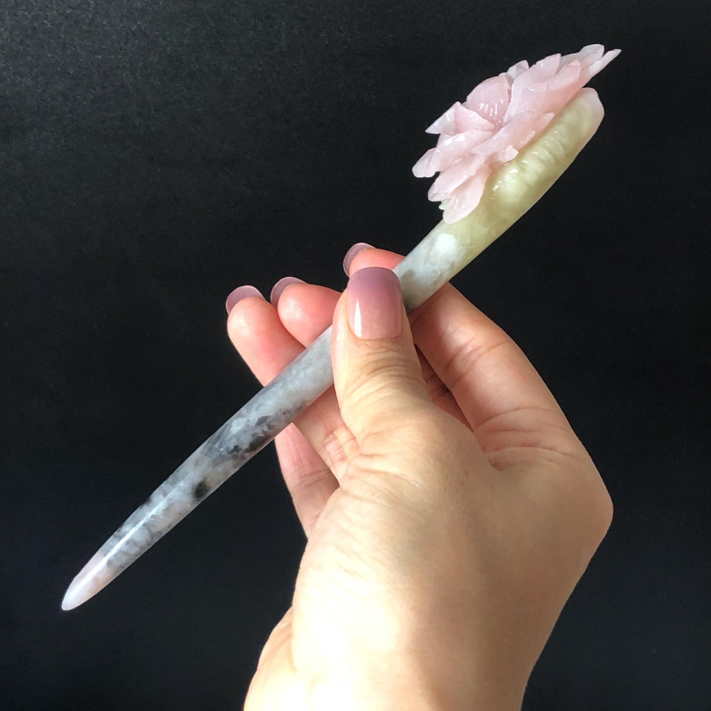 Xiu Jade Serpentine Hand Carved Pink Yulan Flower Hair Pin: Natural Pink Grey Green Jade Handcrafted Hair Stick 3D stone carving Hair Jewelry | Asian Chinese Vintage Hanfu Hair Fork gift for her pink jade carving green jade grey jade flower carving yulan carving hand engraved yulan hairpins japanese hair stick korean hair pins vinatge hair fork chinese hair comb antique hairpins wedding headpiece engagement hair jewelry bridal shower gift bridal hair accessory 3D stone carving
