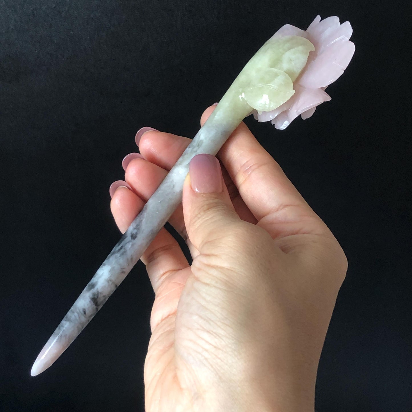 Xiu Jade Serpentine Hand Carved Pink Yulan Flower Hair Pin: Natural Pink Grey Green Jade Handcrafted Hair Stick 3D stone carving Hair Jewelry | Asian Chinese Vintage Hanfu Hair Fork gift for her pink jade carving green jade grey jade flower carving yulan carving hand engraved yulan hairpins japanese hair stick korean hair pins vinatge hair fork chinese hair comb antique hairpins wedding headpiece engagement hair jewelry bridal shower gift bridal hair accessory 3D stone carving