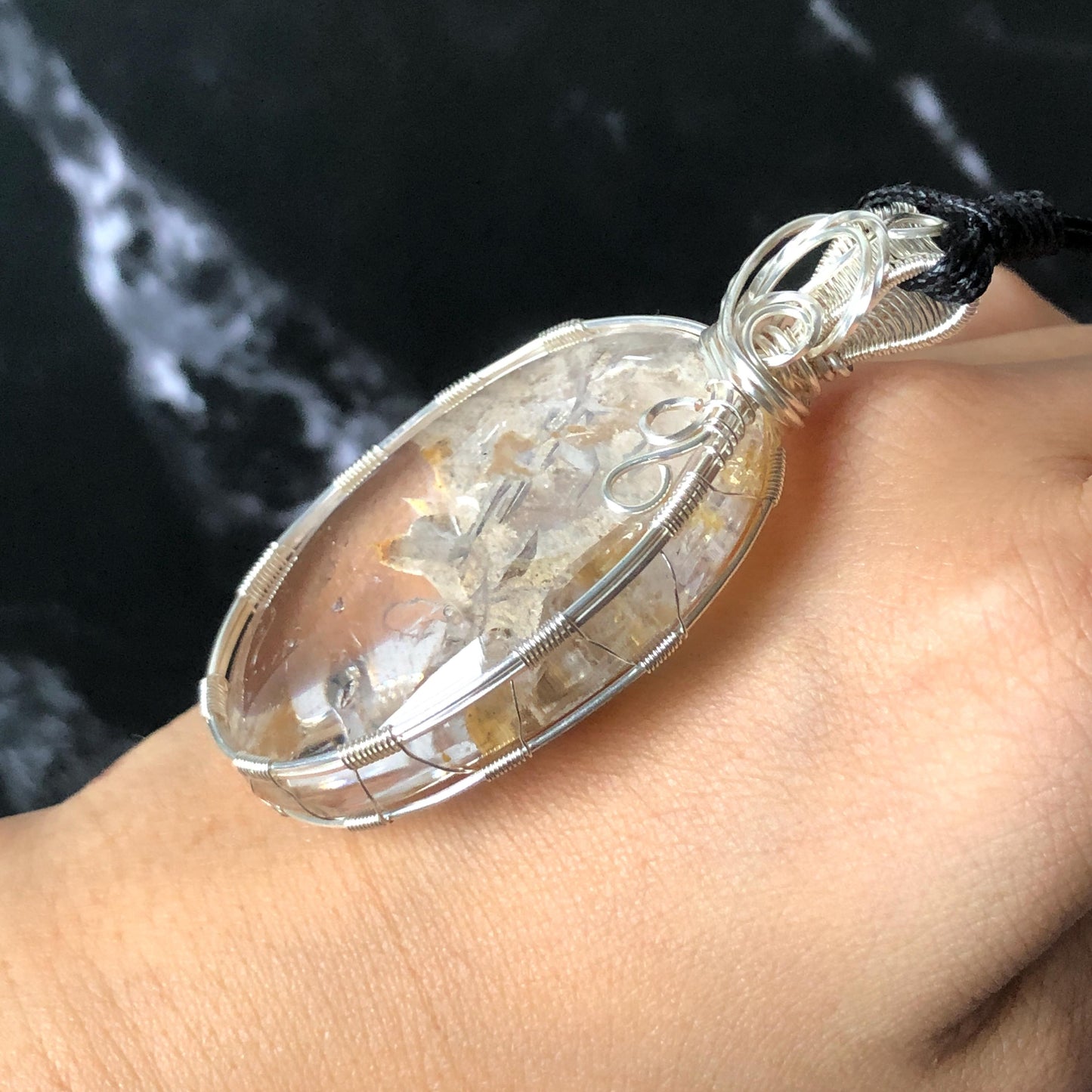 Rare Found! Polished Enhydro Quartz Golden Healer Wrapped Wire Pendant Adjustable Necklace: Moving Dried White Sand & Yellow Hematoid Inclusion Crystal Palm Stone| Natural Gemstone Birthstone Gift for her enhydro quartz sand water-fall pendant necklace choker gemstone charm stone pendant choker polished stone pendant crystal charm birthstone men necklace chakra crystal minerals specimen silver pendant inclusion crystal inclusion crystal sediment stone dirt inclusion healing meditative stone