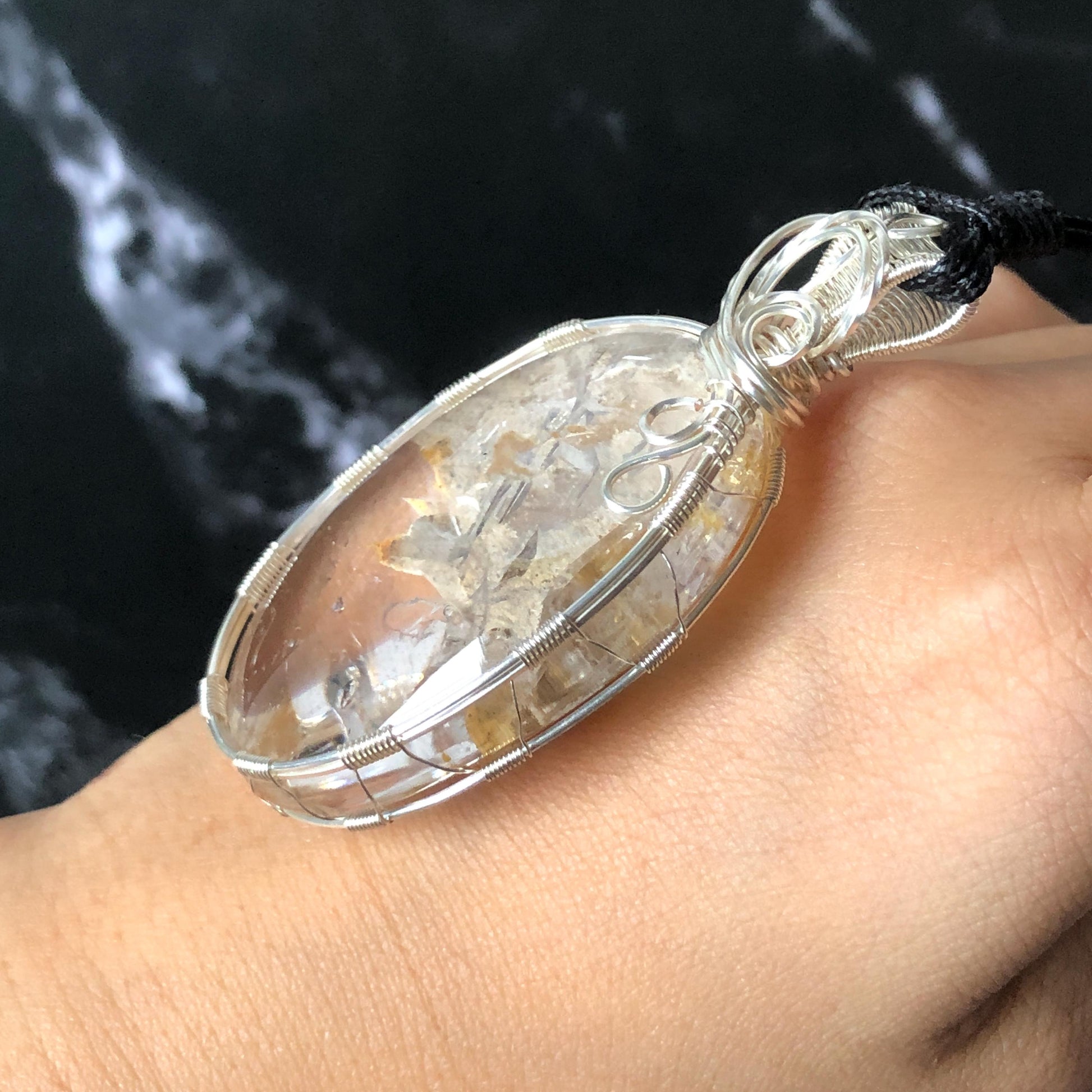 Rare Found! Polished Enhydro Quartz Golden Healer Wrapped Wire Pendant Adjustable Necklace: Moving Dried White Sand & Yellow Hematoid Inclusion Crystal Palm Stone| Natural Gemstone Birthstone Gift for her enhydro quartz sand water-fall pendant necklace choker gemstone charm stone pendant choker polished stone pendant crystal charm birthstone men necklace chakra crystal minerals specimen silver pendant inclusion crystal inclusion crystal sediment stone dirt inclusion healing meditative stone