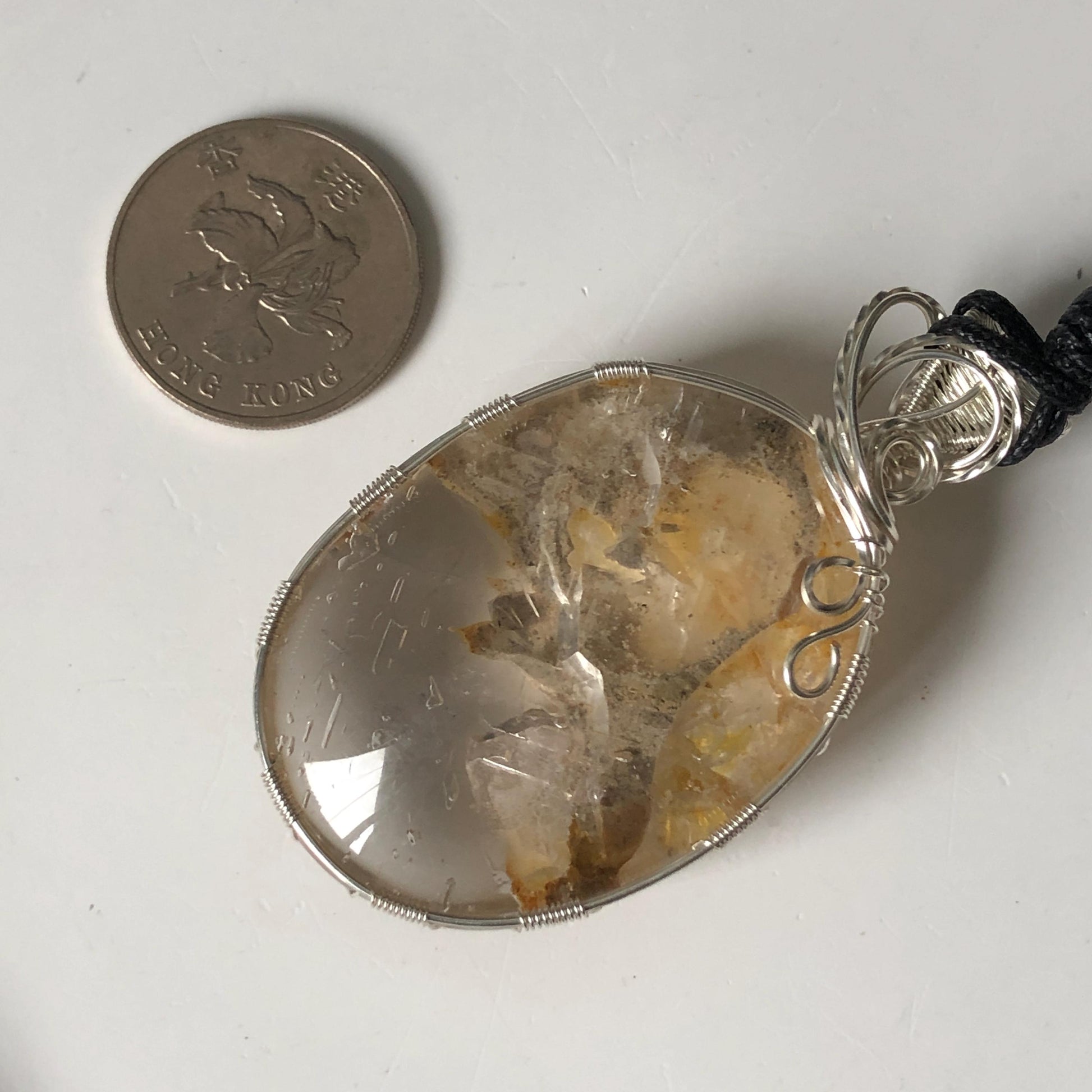 Rare Found! Polished Enhydro Quartz Golden Healer Wrapped Wire Pendant Adjustable Necklace: Moving Dried White Sand & Yellow Hematoid Inclusion Crystal Palm Stone| Natural Gemstone Birthstone Gift for her enhydro quartz sand water-fall pendant necklace choker gemstone charm stone pendant choker polished stone pendant crystal charm birthstone men necklace chakra crystal minerals specimen silver pendant inclusion crystal inclusion crystal sediment stone dirt inclusion healing meditative stone