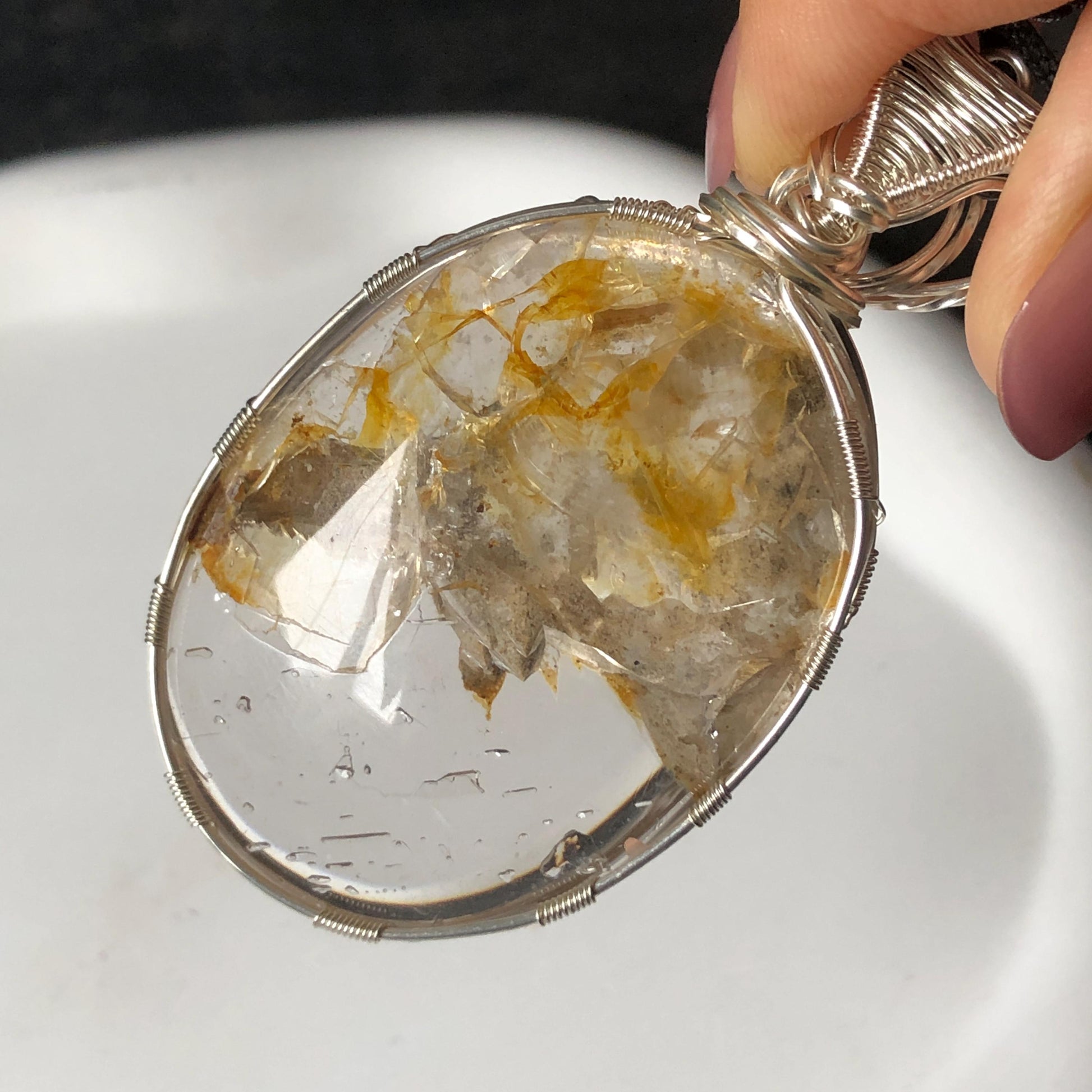 Rare Found! Polished Enhydro Quartz Golden Healer Wrapped Wire Pendant Adjustable Necklace: Moving Dried White Sand & Yellow Hematoid Inclusion Crystal Palm Stone| Natural Gemstone Birthstone Gift for her enhydro quartz sand water-fall pendant necklace choker gemstone charm stone pendant choker polished stone pendant crystal charm birthstone men necklace chakra crystal minerals specimen silver pendant inclusion crystal inclusion crystal sediment stone dirt inclusion healing meditative stone