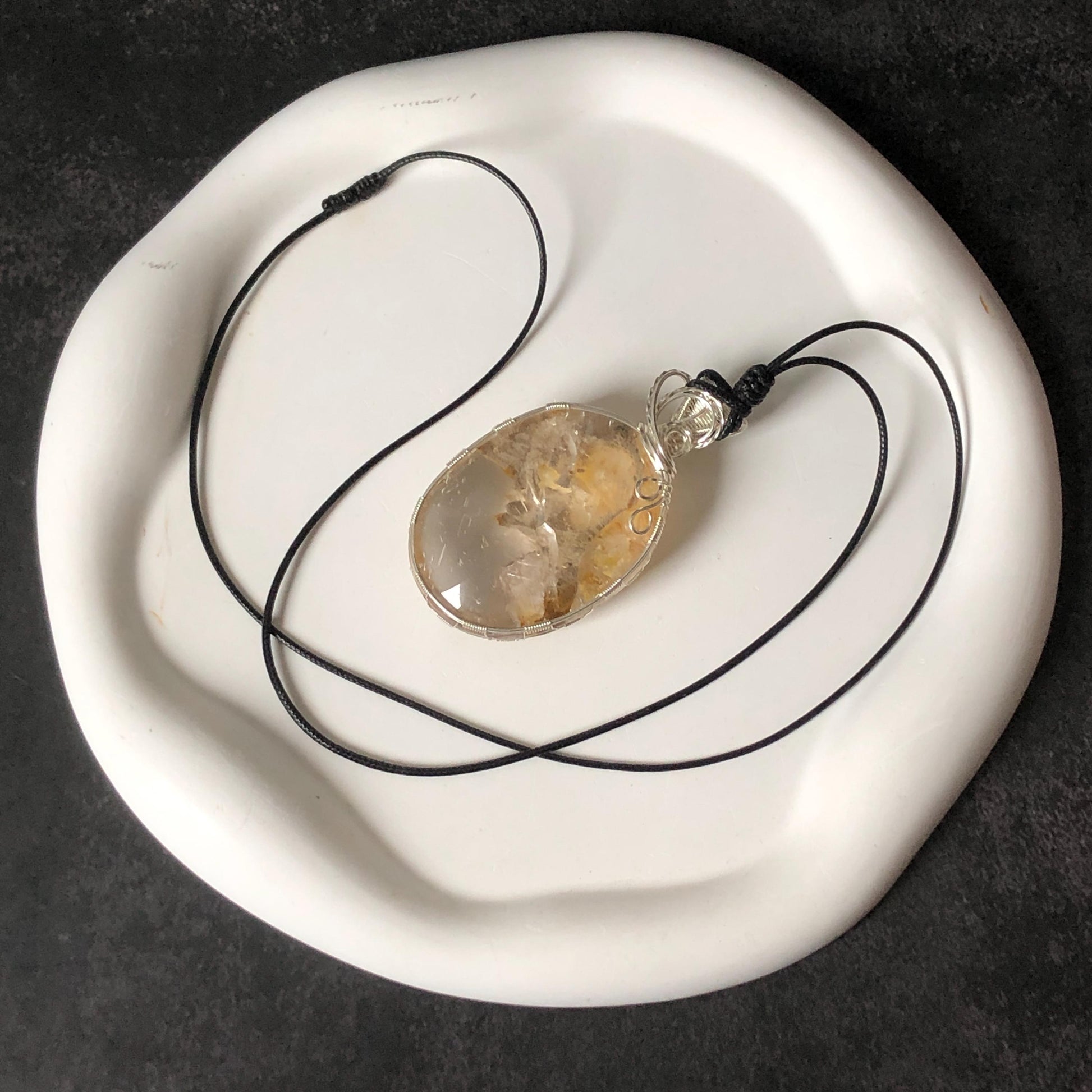 Rare Found! Polished Enhydro Quartz Golden Healer Wrapped Wire Pendant Adjustable Necklace: Moving Dried White Sand & Yellow Hematoid Inclusion Crystal Palm Stone| Natural Gemstone Birthstone Gift for her enhydro quartz sand water-fall pendant necklace choker gemstone charm stone pendant choker polished stone pendant crystal charm birthstone men necklace chakra crystal minerals specimen silver pendant inclusion crystal inclusion crystal sediment stone dirt inclusion healing meditative stone