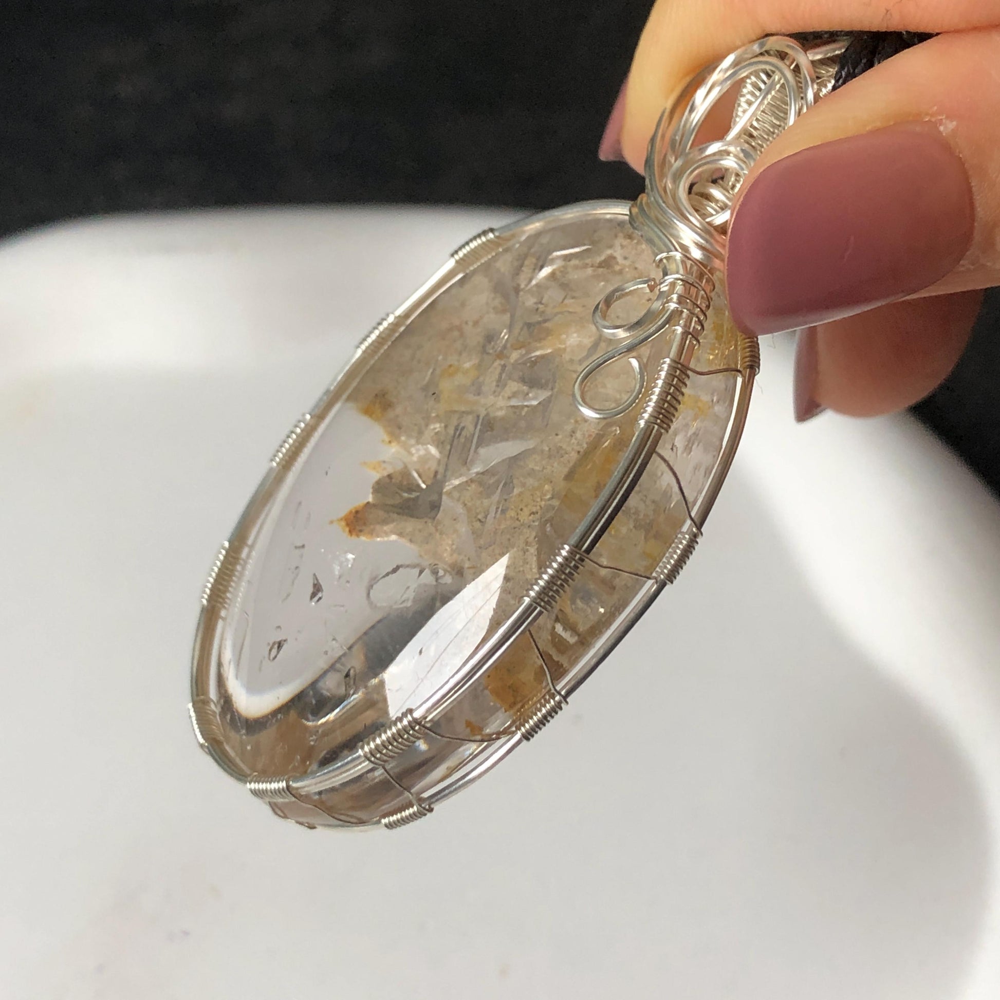 Rare Found! Polished Enhydro Quartz Golden Healer Wrapped Wire Pendant Adjustable Necklace: Moving Dried White Sand & Yellow Hematoid Inclusion Crystal Palm Stone| Natural Gemstone Birthstone Gift for her enhydro quartz sand water-fall pendant necklace choker gemstone charm stone pendant choker polished stone pendant crystal charm birthstone men necklace chakra crystal minerals specimen silver pendant inclusion crystal inclusion crystal sediment stone dirt inclusion healing meditative stone