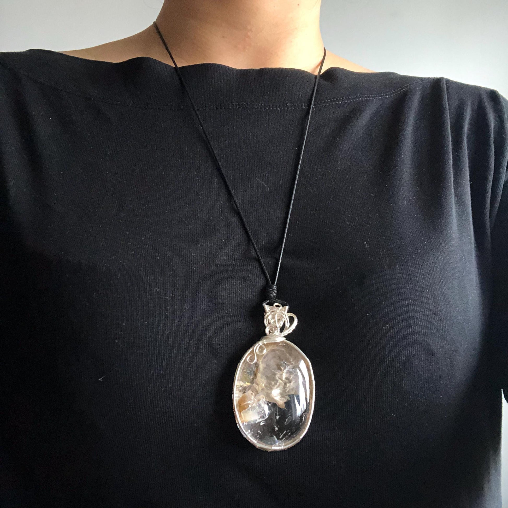 Rare Found! Polished Enhydro Quartz Golden Healer Wrapped Wire Pendant Adjustable Necklace: Moving Dried White Sand & Yellow Hematoid Inclusion Crystal Palm Stone| Natural Gemstone Birthstone Gift for her enhydro quartz sand water-fall pendant necklace choker gemstone charm stone pendant choker polished stone pendant crystal charm birthstone men necklace chakra crystal minerals specimen silver pendant inclusion crystal inclusion crystal sediment stone dirt inclusion healing meditative stone