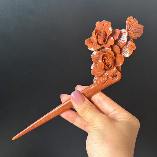 Xiu Jade Serpentine Hand Carved Camellia Flower with Butterfly Hair Stick: Natural Red Jade Handcrafted Vintage Hanfu Hairpin, 3D Stone carving Hair Jewelry Gift for her Bridal Shower gift hair clip wedding headpiece bridal hair accessories red jade carving white jade hand engraved flower hair stick japanese hairpins korean hair stick chinese hair comb vintage hair pins antique hair fork hanfu hair pins certified untreated jade bridal shower gift flower carving butterfly carving