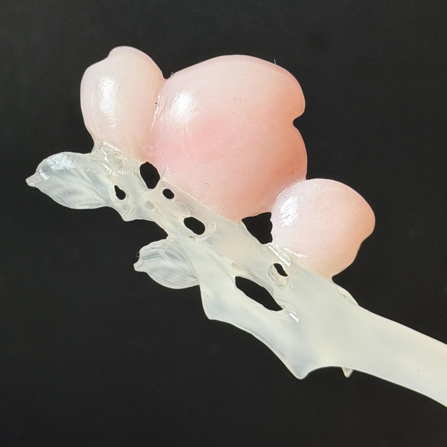 Xiu Jade Serpentine Hand Carved Pink Peach Flower Hair Pin: White & Pink Jade Handcrafted Hair Stick 3D stone carving Hair Jewelry | Asian Chinese Vintage Hanfu Hair Fork gift for her pink jade carving white jade flower carving peach carving hand engraved peach hairpins japanese hair stick korean hair pins vinatge hair fork chinese hair comb antique hairpins wedding headpiece engagement hair jewelry bridal shower gift bridal hair accessory 3D stone carving