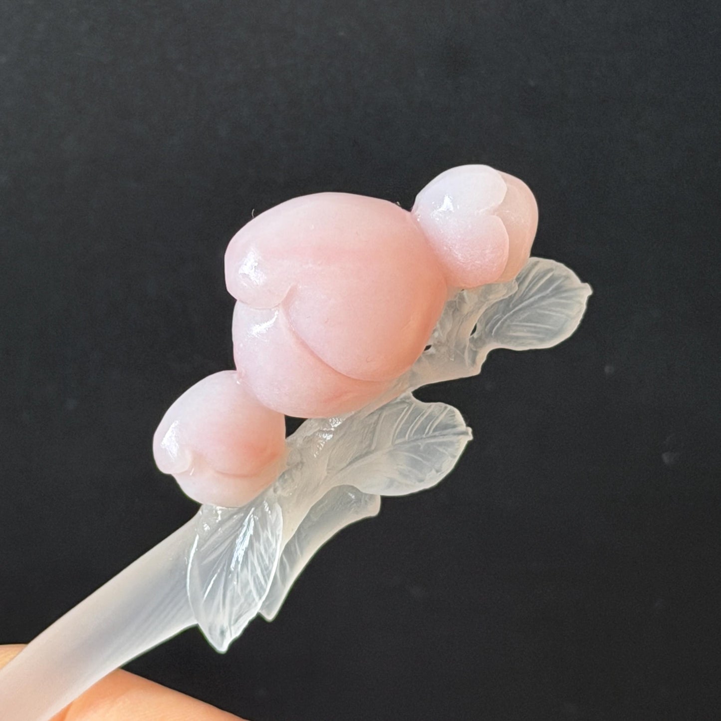 Xiu Jade Serpentine Hand Carved Pink Peach Flower Hair Pin: White & Pink Jade Handcrafted Hair Stick 3D stone carving Hair Jewelry | Asian Chinese Vintage Hanfu Hair Fork gift for her pink jade carving white jade flower carving peach carving hand engraved peach hairpins japanese hair stick korean hair pins vinatge hair fork chinese hair comb antique hairpins wedding headpiece engagement hair jewelry bridal shower gift bridal hair accessory 3D stone carving