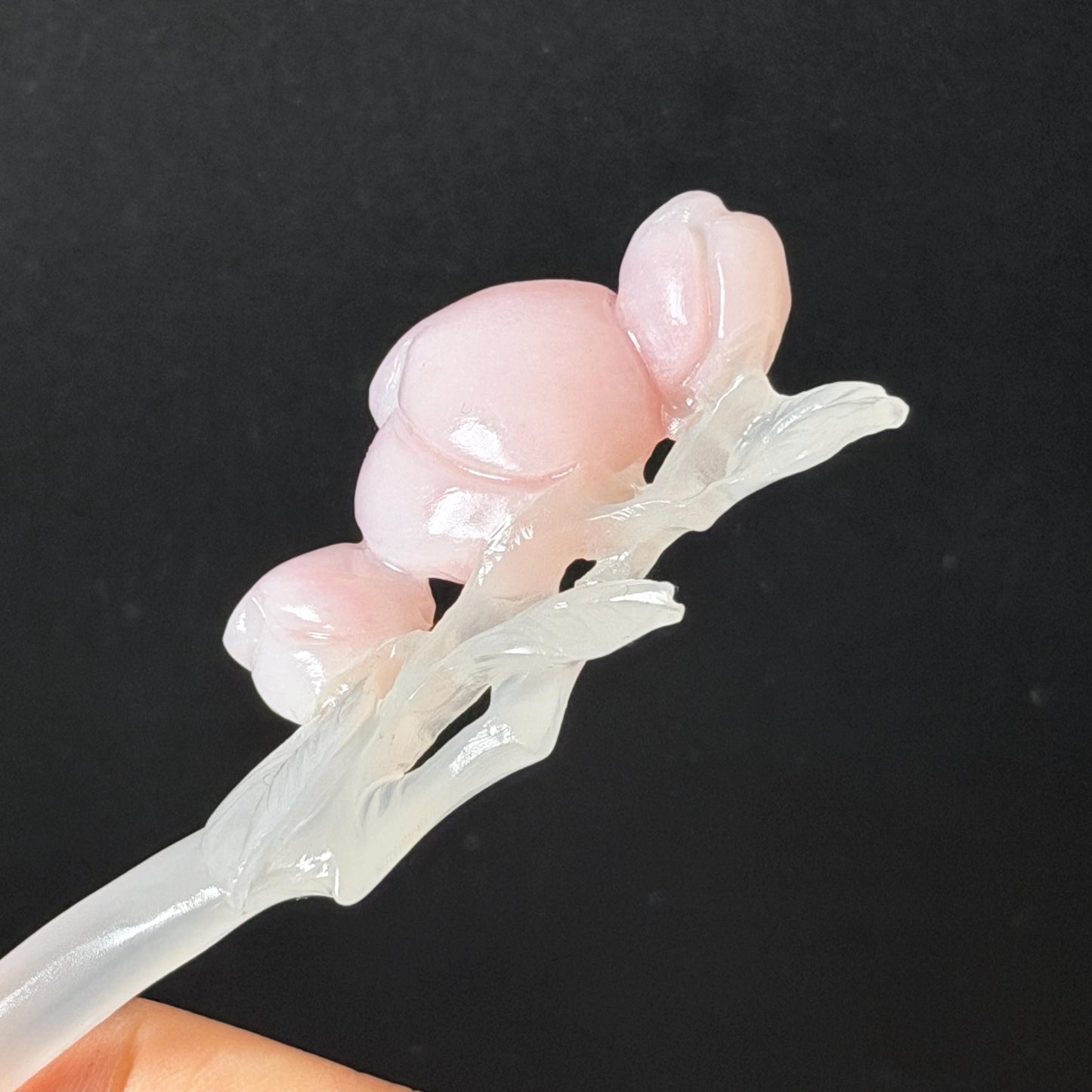 Xiu Jade Serpentine Hand Carved Pink Peach Flower Hair Pin: White & Pink Jade Handcrafted Hair Stick 3D stone carving Hair Jewelry | Asian Chinese Vintage Hanfu Hair Fork gift for her pink jade carving white jade flower carving peach carving hand engraved peach hairpins japanese hair stick korean hair pins vinatge hair fork chinese hair comb antique hairpins wedding headpiece engagement hair jewelry bridal shower gift bridal hair accessory 3D stone carving