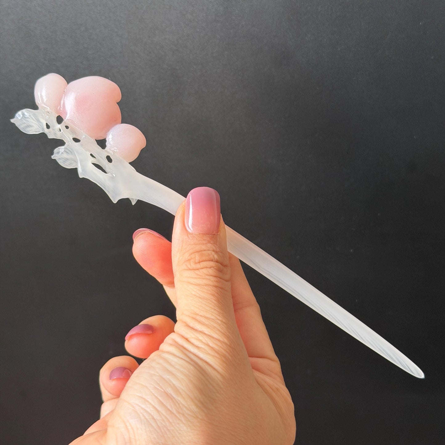 Xiu Jade Serpentine Hand Carved Pink Peach Flower Hair Pin: White & Pink Jade Handcrafted Hair Stick 3D stone carving Hair Jewelry | Asian Chinese Vintage Hanfu Hair Fork gift for her pink jade carving white jade flower carving peach carving hand engraved peach hairpins japanese hair stick korean hair pins vinatge hair fork chinese hair comb antique hairpins wedding headpiece engagement hair jewelry bridal shower gift bridal hair accessory 3D stone carving
