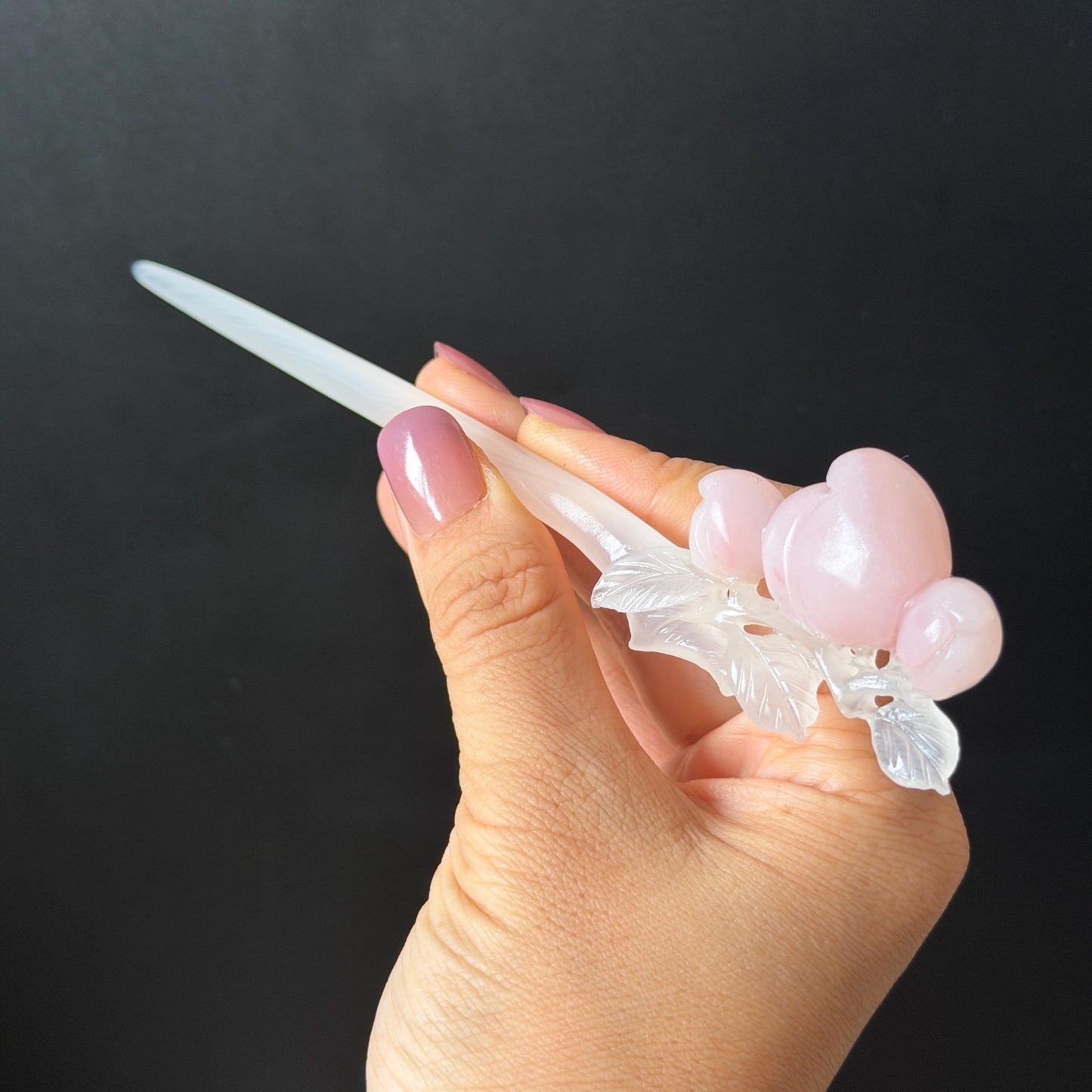 Xiu Jade Serpentine Hand Carved Pink Peach Flower Hair Pin: White & Pink Jade Handcrafted Hair Stick 3D stone carving Hair Jewelry | Asian Chinese Vintage Hanfu Hair Fork gift for her pink jade carving white jade flower carving peach carving hand engraved peach hairpins japanese hair stick korean hair pins vinatge hair fork chinese hair comb antique hairpins wedding headpiece engagement hair jewelry bridal shower gift bridal hair accessory 3D stone carving