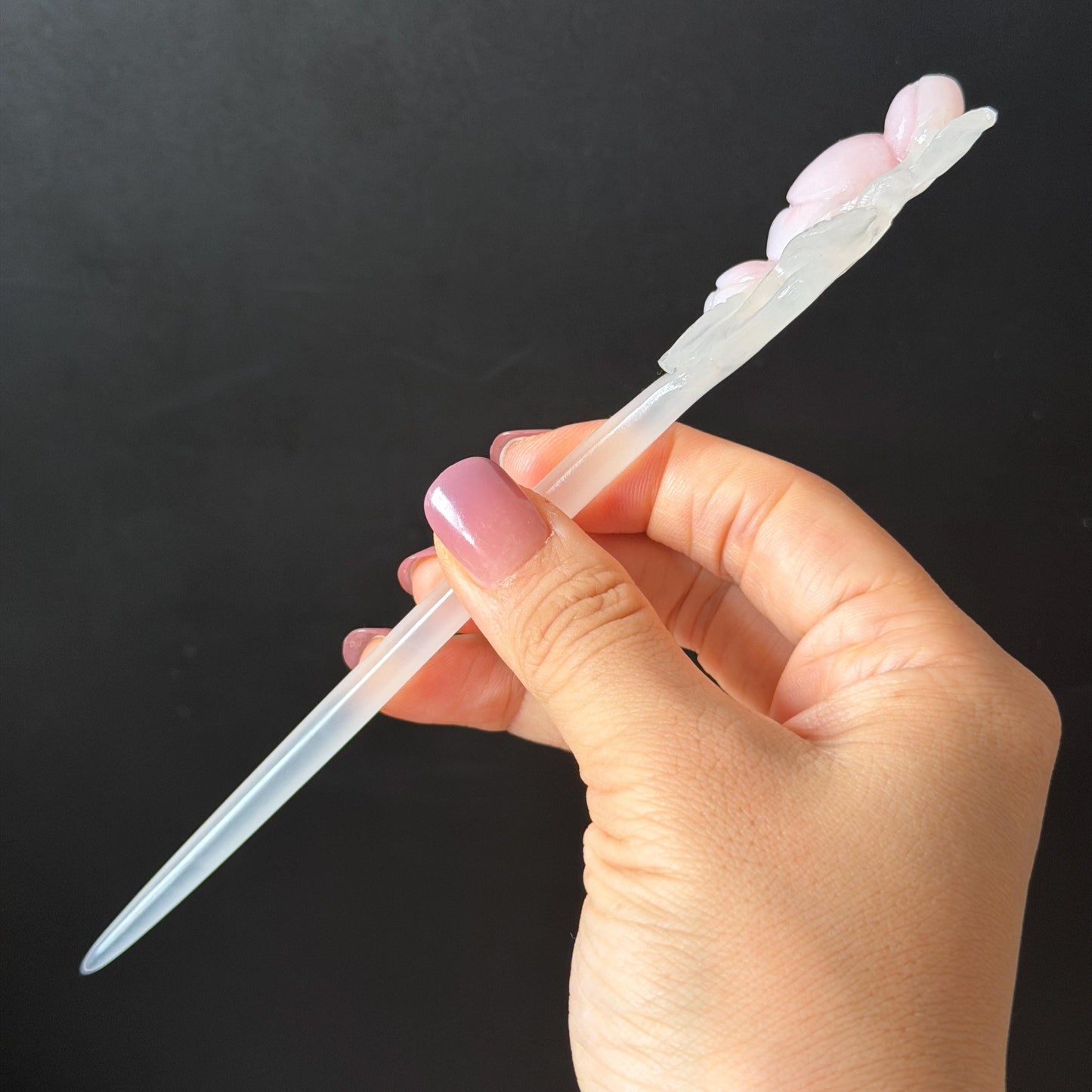 Xiu Jade Serpentine Hand Carved Pink Peach Flower Hair Pin: White & Pink Jade Handcrafted Hair Stick 3D stone carving Hair Jewelry | Asian Chinese Vintage Hanfu Hair Fork gift for her pink jade carving white jade flower carving peach carving hand engraved peach hairpins japanese hair stick korean hair pins vinatge hair fork chinese hair comb antique hairpins wedding headpiece engagement hair jewelry bridal shower gift bridal hair accessory 3D stone carving