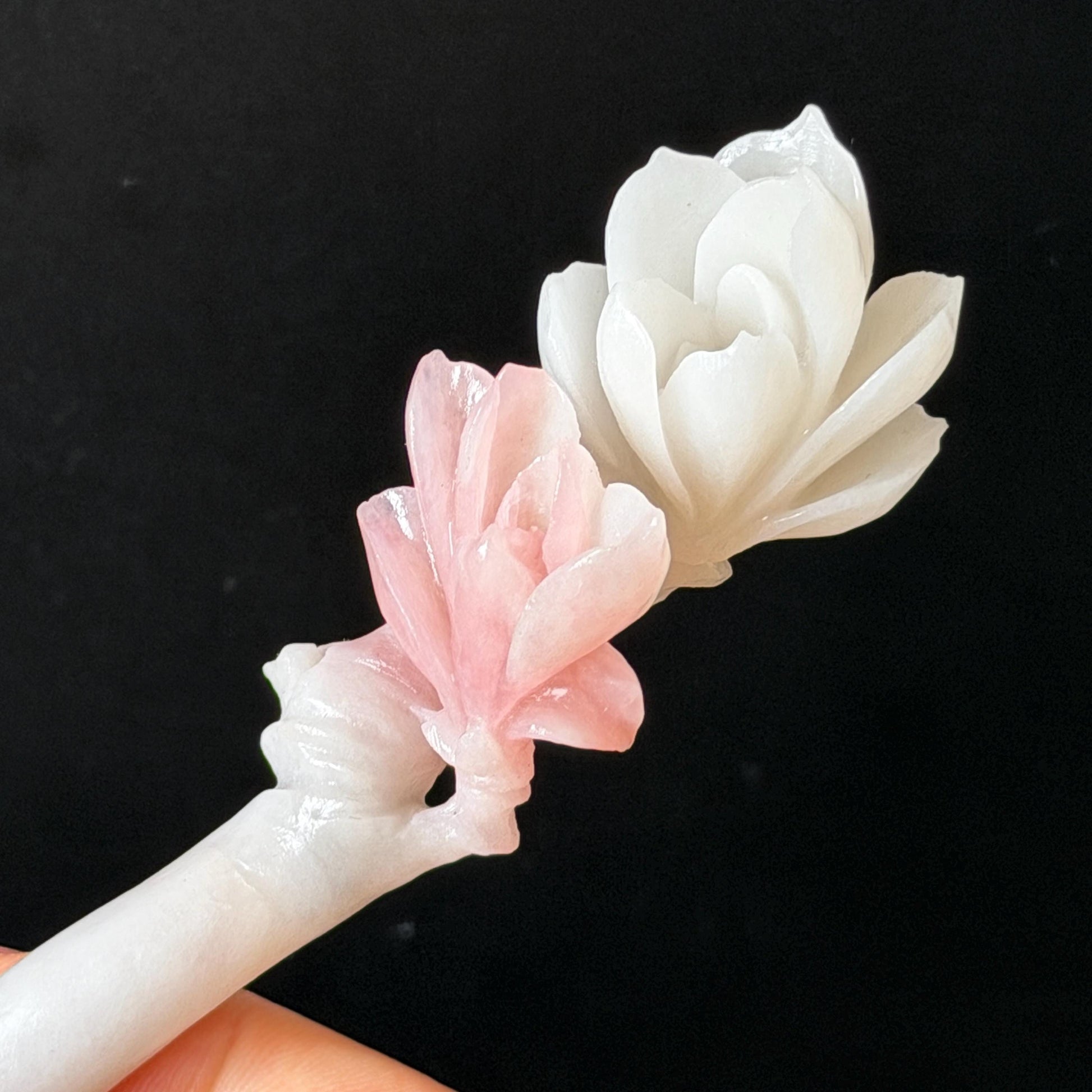 Xiu Jade Serpentine Hand Carved Pink Lotus Flower Hair Pin: Natural Pink & White Jade Handcrafted Hair Stick 3D stone carving Hair Jewelry | Asian Chinese Vintage Hanfu Hair Fork gift for her pink jade carving white jade flower carving yulan carving hand engraved yulan hairpins japanese hair stick korean hair pins vinatge hair fork chinese hair comb antique hairpins wedding headpiece engagement hair jewelry bridal shower gift bridal hair accessory 3D stone carving asian hair crown