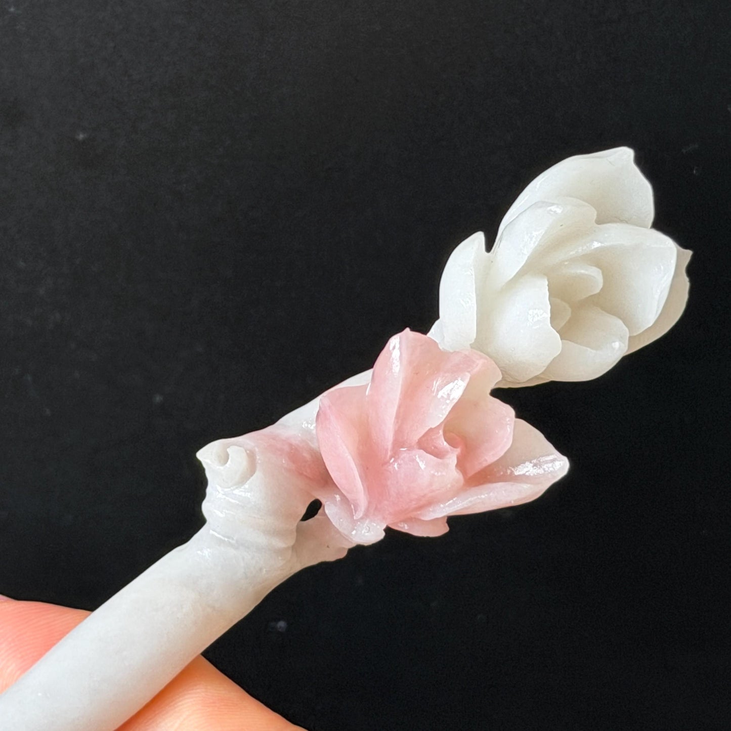 Xiu Jade Serpentine Hand Carved Pink Lotus Flower Hair Pin: Natural Pink & White Jade Handcrafted Hair Stick 3D stone carving Hair Jewelry | Asian Chinese Vintage Hanfu Hair Fork gift for her pink jade carving white jade flower carving yulan carving hand engraved yulan hairpins japanese hair stick korean hair pins vinatge hair fork chinese hair comb antique hairpins wedding headpiece engagement hair jewelry bridal shower gift bridal hair accessory 3D stone carving asian hair crown
