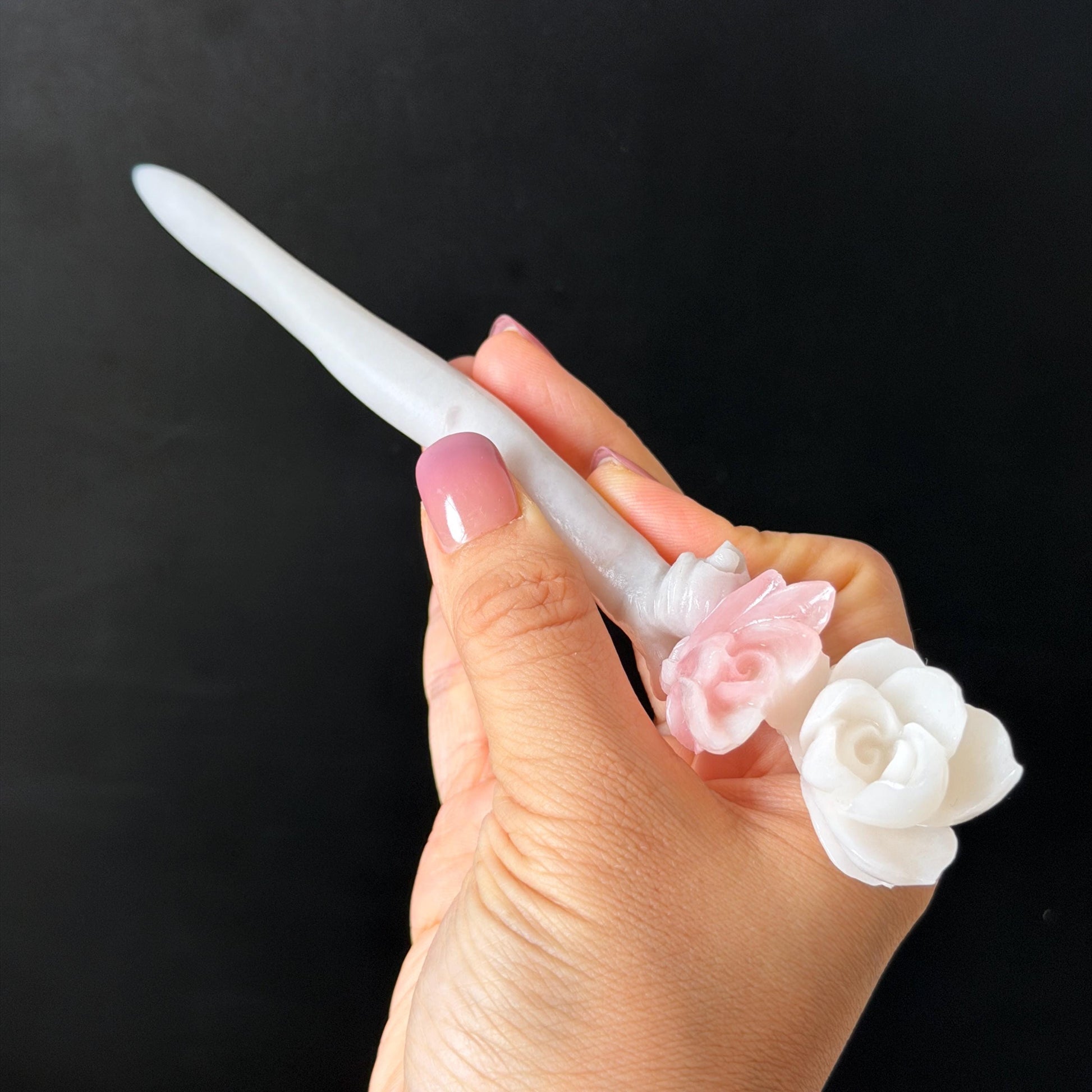 Xiu Jade Serpentine Hand Carved Pink Lotus Flower Hair Pin: Natural Pink & White Jade Handcrafted Hair Stick 3D stone carving Hair Jewelry | Asian Chinese Vintage Hanfu Hair Fork gift for her pink jade carving white jade flower carving yulan carving hand engraved yulan hairpins japanese hair stick korean hair pins vinatge hair fork chinese hair comb antique hairpins wedding headpiece engagement hair jewelry bridal shower gift bridal hair accessory 3D stone carving asian hair crown