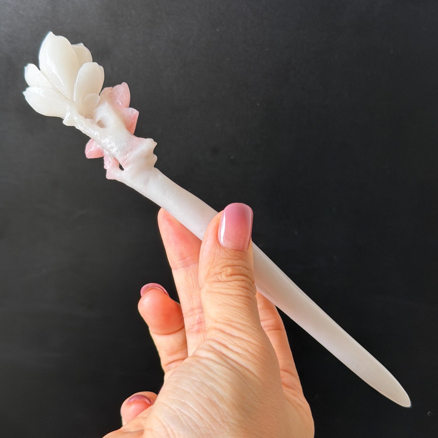Xiu Jade Serpentine Hand Carved Pink Lotus Flower Hair Pin: Natural Pink & White Jade Handcrafted Hair Stick 3D stone carving Hair Jewelry | Asian Chinese Vintage Hanfu Hair Fork gift for her pink jade carving white jade flower carving yulan carving hand engraved yulan hairpins japanese hair stick korean hair pins vinatge hair fork chinese hair comb antique hairpins wedding headpiece engagement hair jewelry bridal shower gift bridal hair accessory 3D stone carving asian hair crown