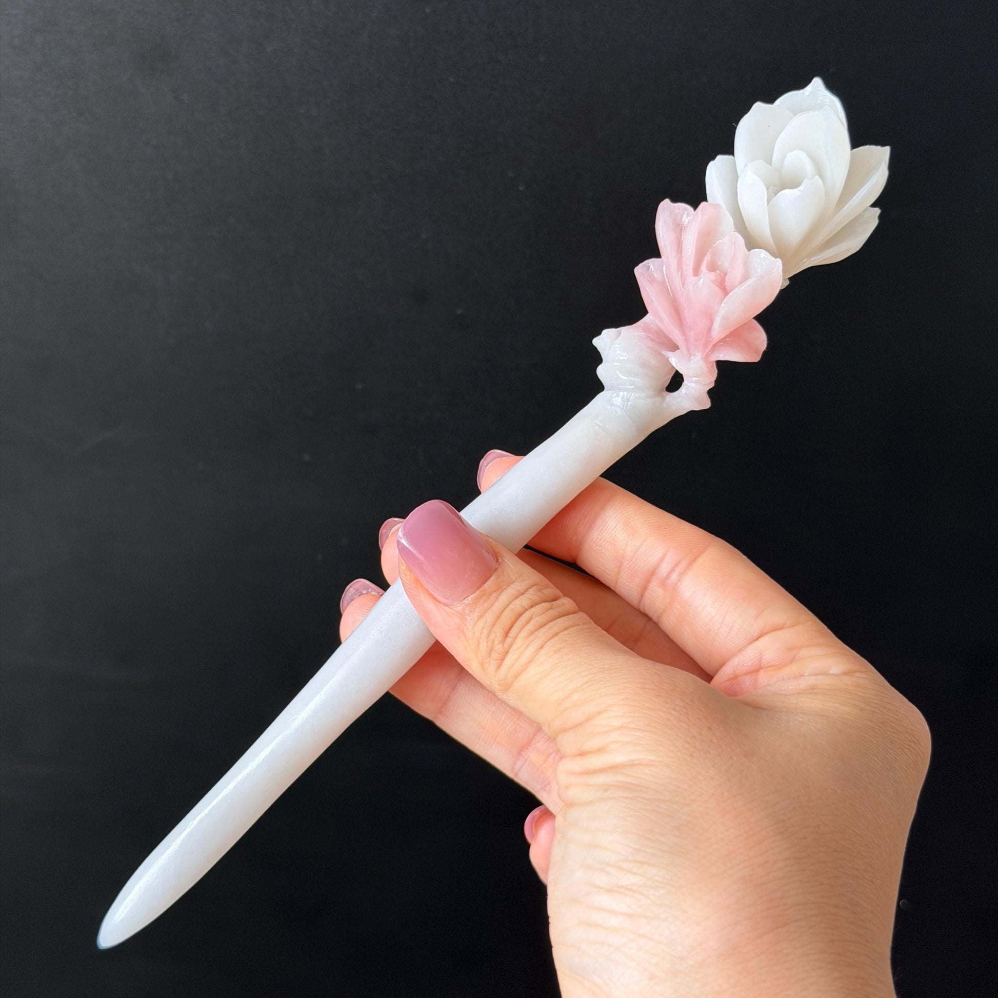 Xiu Jade Serpentine Hand Carved Pink Lotus Flower Hair Pin: Natural Pink & White Jade Handcrafted Hair Stick 3D stone carving Hair Jewelry | Asian Chinese Vintage Hanfu Hair Fork gift for her pink jade carving white jade flower carving yulan carving hand engraved yulan hairpins japanese hair stick korean hair pins vinatge hair fork chinese hair comb antique hairpins wedding headpiece engagement hair jewelry bridal shower gift bridal hair accessory 3D stone carving asian hair crown