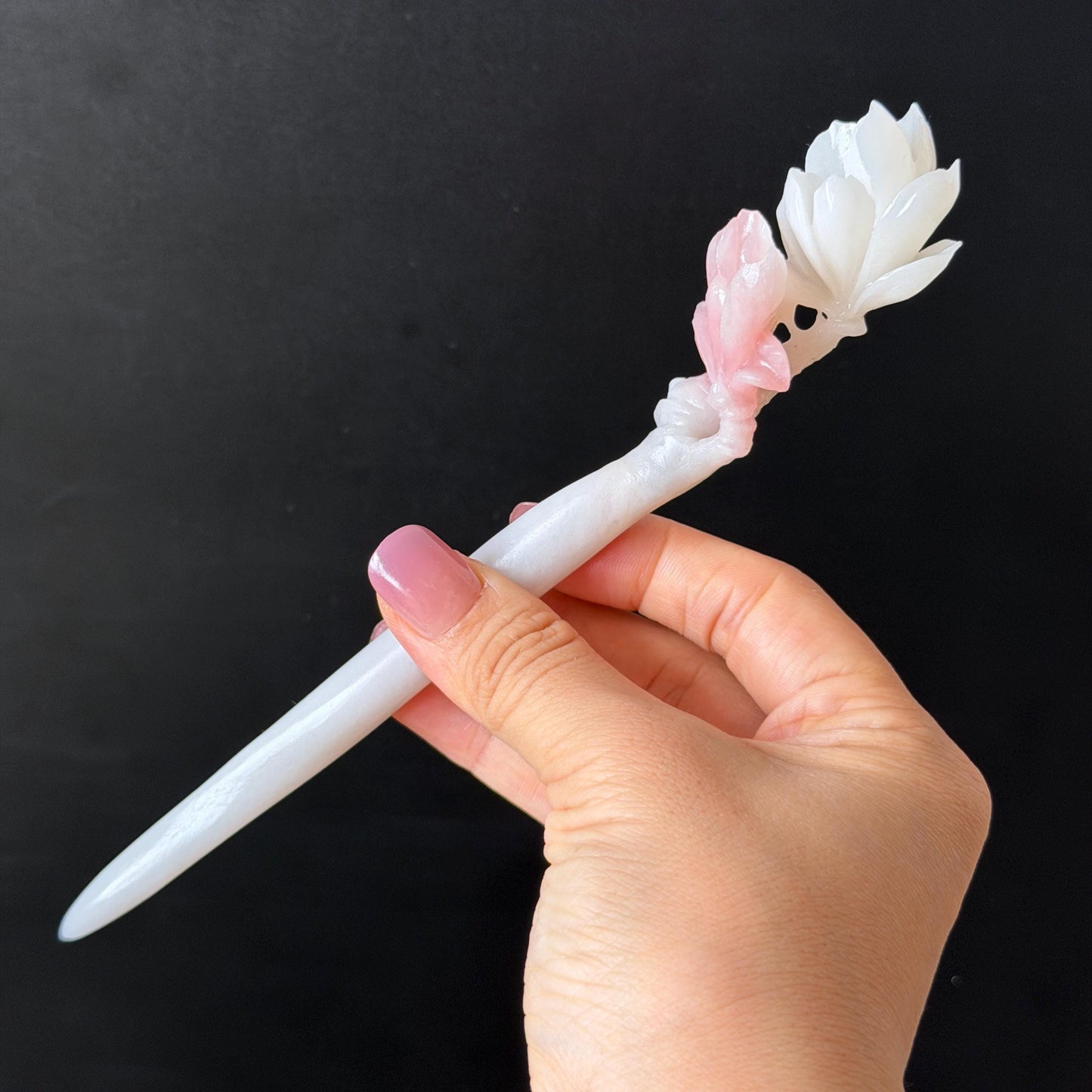 Xiu Jade Serpentine Hand Carved Pink Lotus Flower Hair Pin: Natural Pink & White Jade Handcrafted Hair Stick 3D stone carving Hair Jewelry | Asian Chinese Vintage Hanfu Hair Fork gift for her pink jade carving white jade flower carving yulan carving hand engraved yulan hairpins japanese hair stick korean hair pins vinatge hair fork chinese hair comb antique hairpins wedding headpiece engagement hair jewelry bridal shower gift bridal hair accessory 3D stone carving asian hair crown