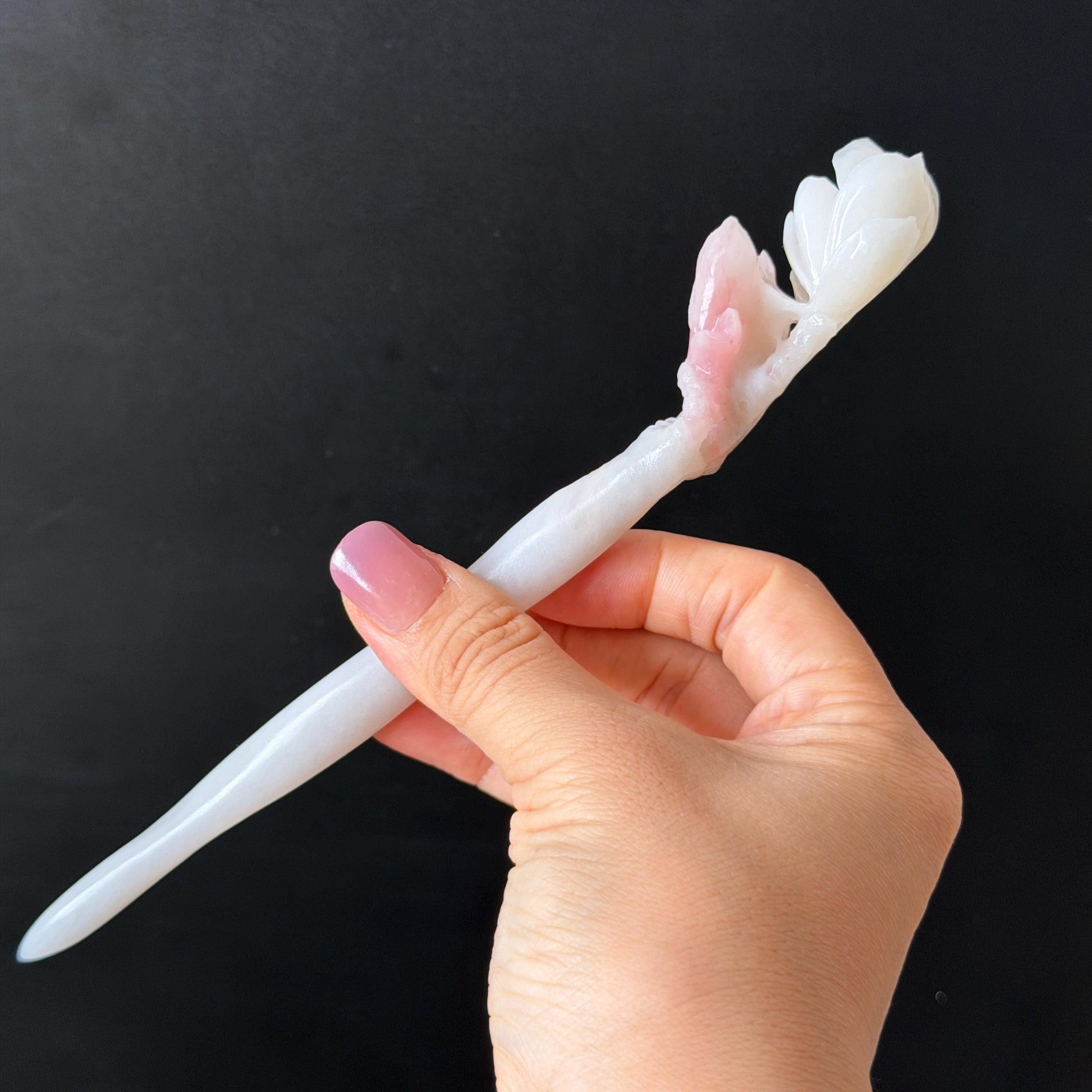 Xiu Jade Serpentine Hand Carved Pink Lotus Flower Hair Pin: Natural Pink & White Jade Handcrafted Hair Stick 3D stone carving Hair Jewelry | Asian Chinese Vintage Hanfu Hair Fork gift for her pink jade carving white jade flower carving yulan carving hand engraved yulan hairpins japanese hair stick korean hair pins vinatge hair fork chinese hair comb antique hairpins wedding headpiece engagement hair jewelry bridal shower gift bridal hair accessory 3D stone carving asian hair crown
