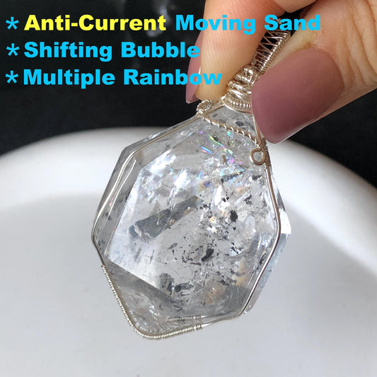 Polished Rainbow Enhydro Quartz (Herkimer Diamond) Wire Wrapped Pendant Adjustable Necklace: Multiple Rainbow! Moving Anti-current Sand & Water Bubble Inclusion Crystal | Natural Gemstone Birthstone Gift for her men necklace chakra crystal purify stone minerals specimen adjustable choker silver pendant inclusion crystal inclusion quartz jewelry rainbow quartz choker necklace enhydro crystal S925 silver pendant quick sand inclusion bubble inclusion water inclusion quartz rainbow quartz palm stone