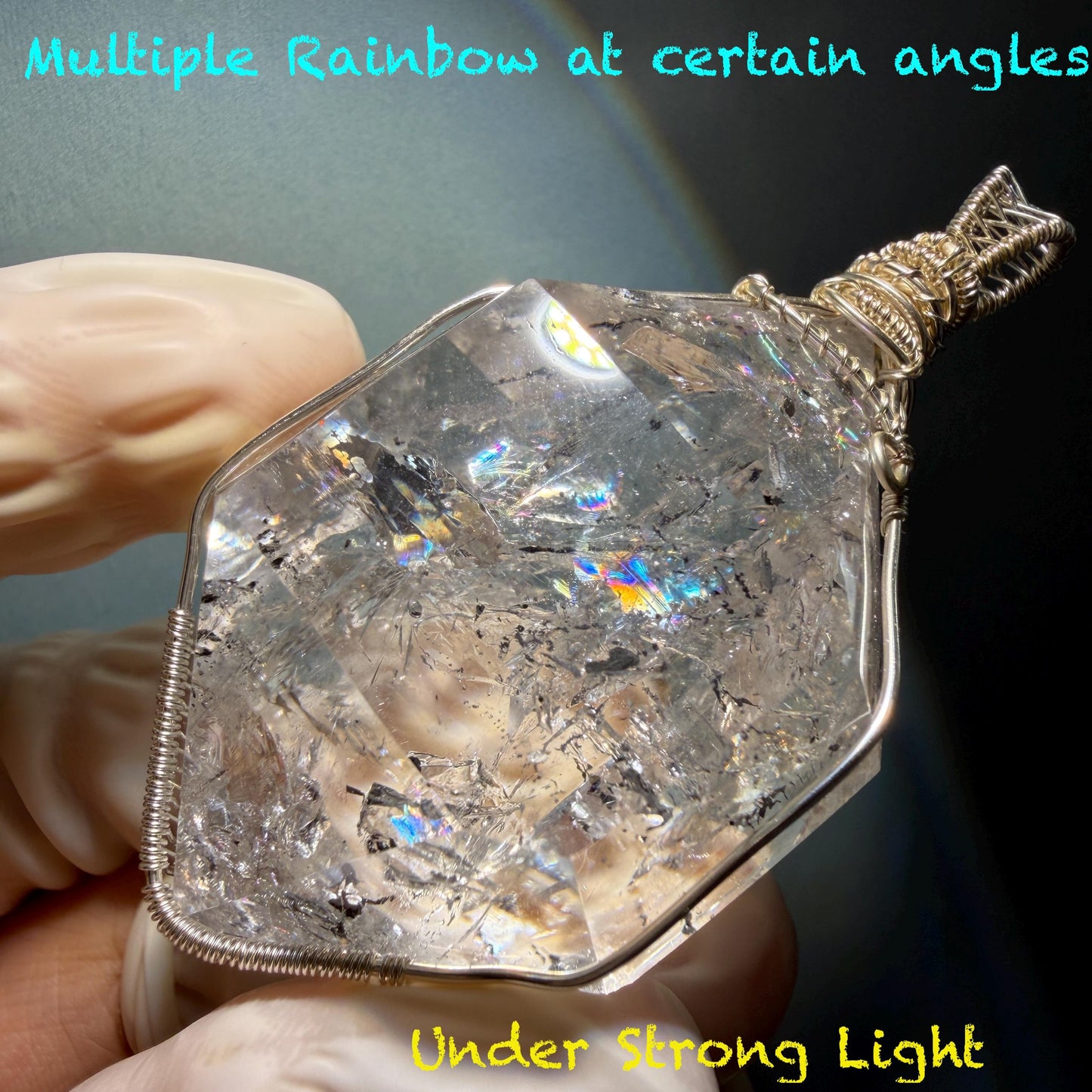 Polished Rainbow Enhydro Quartz (Herkimer Diamond) Wire Wrapped Pendant Adjustable Necklace: Multiple Rainbow! Moving Anti-current Sand & Water Bubble Inclusion Crystal | Natural Gemstone Birthstone Gift for her men necklace chakra crystal purify stone minerals specimen adjustable choker silver pendant inclusion crystal inclusion quartz jewelry rainbow quartz choker necklace enhydro crystal S925 silver pendant quick sand inclusion bubble inclusion water inclusion quartz rainbow quartz palm stone
