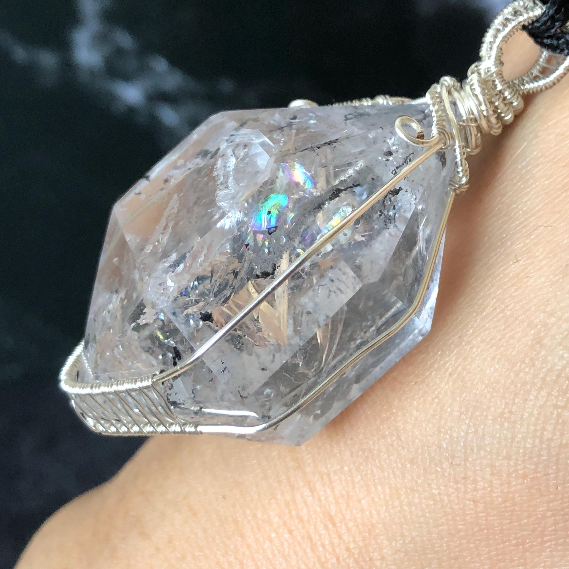 Polished Rainbow Enhydro Quartz (Herkimer Diamond) Wire Wrapped Pendant Adjustable Necklace: Multiple Rainbow! Moving Anti-current Sand & Water Bubble Inclusion Crystal | Natural Gemstone Birthstone Gift for her men necklace chakra crystal purify stone minerals specimen adjustable choker silver pendant inclusion crystal inclusion quartz jewelry rainbow quartz choker necklace enhydro crystal S925 silver pendant quick sand inclusion bubble inclusion water inclusion quartz rainbow quartz palm stone