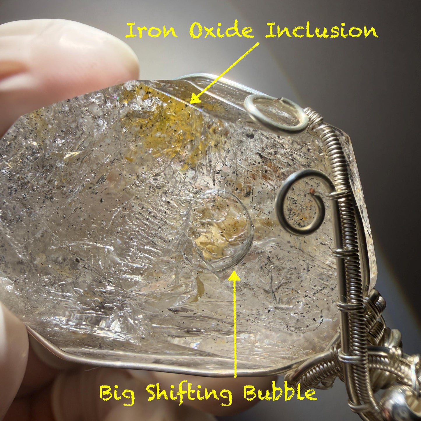 Rare Found! Polished Enhydro Golden Healer Quartz Large Pendant Adjustable Necklace: Moving White Granule & Big Shifting Bubble Inclusion Crystal | Natural Gemstone Birthstone Gift for her men chakra crystal purify stone minerals specimen yellow hematoid pendant inclusion crystal inclusion quartz jewelry rainbow quartz choker adjustable necklace enhydro crystal wire wrapped pendant quick sand inclusion bubble inclusion water inclusion quartz rainbow quartz palm stone quick sand