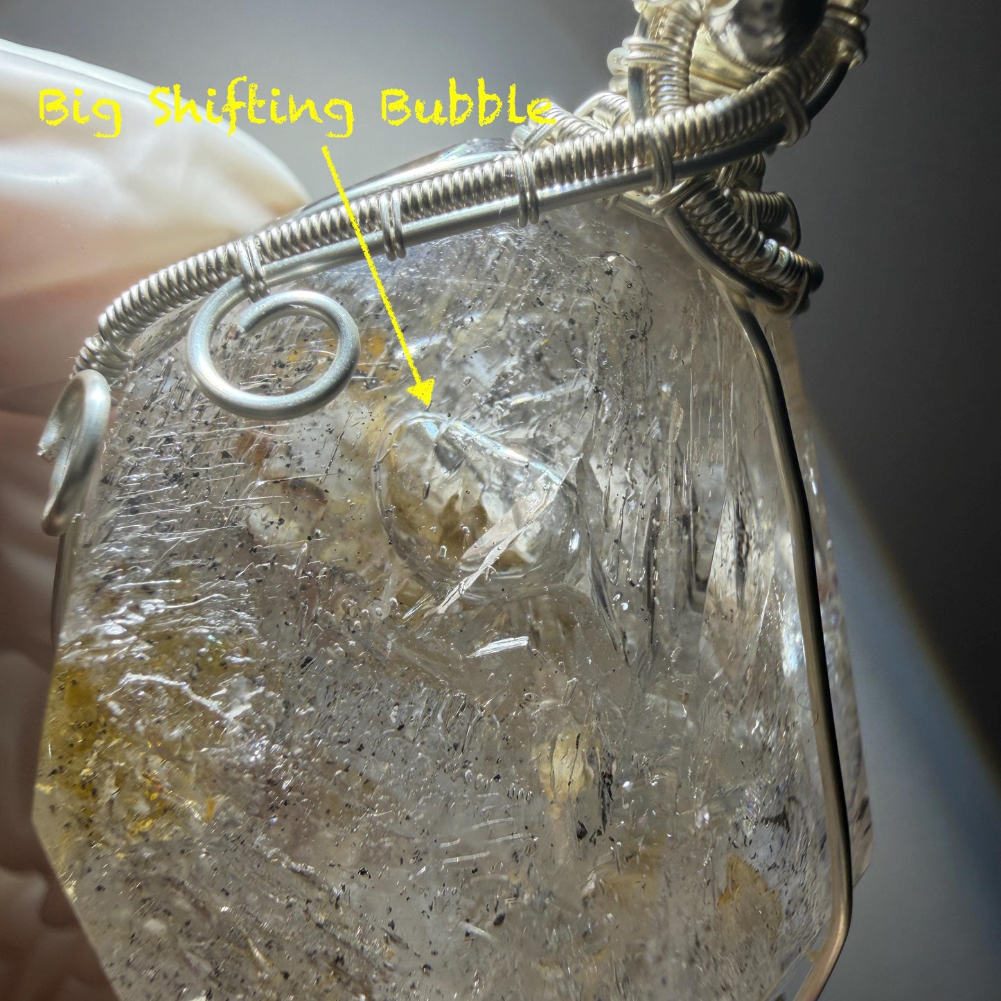 Rare Found! Polished Enhydro Golden Healer Quartz Large Pendant Adjustable Necklace: Moving White Granule & Big Shifting Bubble Inclusion Crystal | Natural Gemstone Birthstone Gift for her men chakra crystal purify stone minerals specimen yellow hematoid pendant inclusion crystal inclusion quartz jewelry rainbow quartz choker adjustable necklace enhydro crystal wire wrapped pendant quick sand inclusion bubble inclusion water inclusion quartz rainbow quartz palm stone quick sand