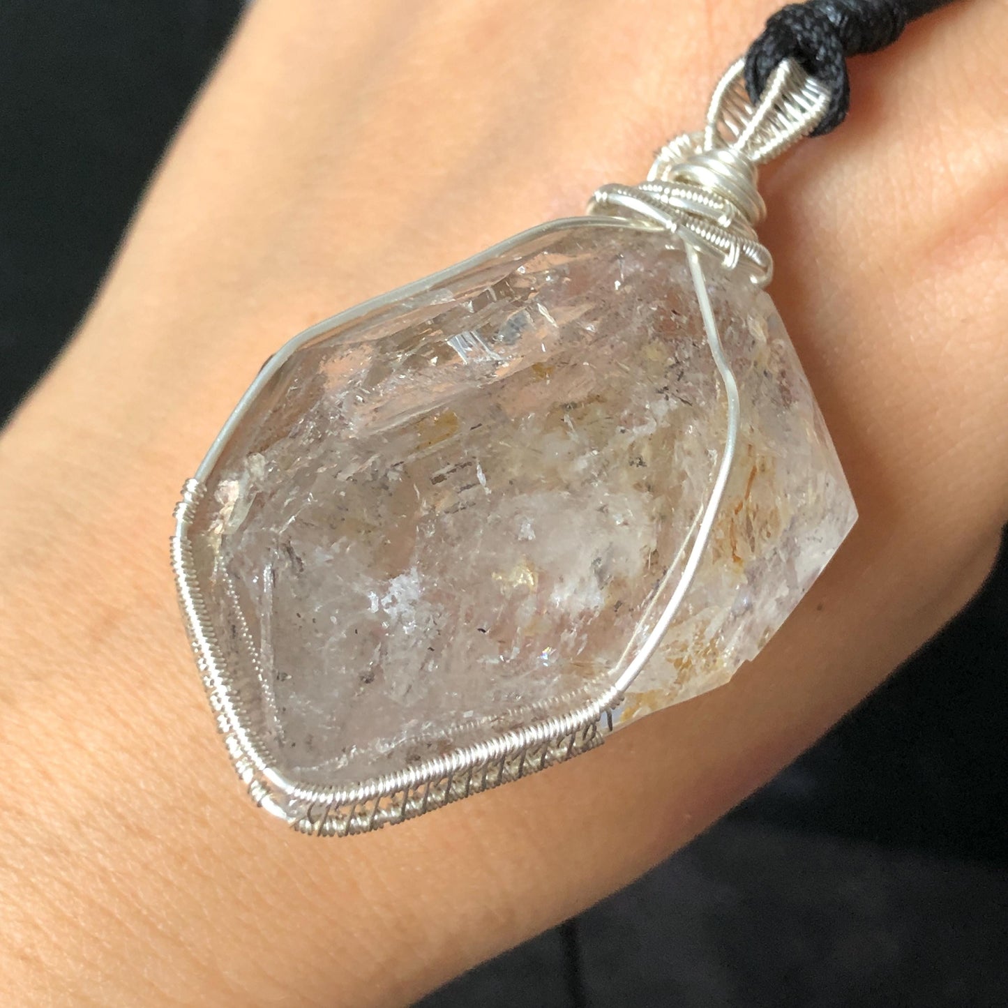 Rare Found! Polished Enhydro Golden Healer Quartz Large Pendant Adjustable Necklace: Moving White Granule & Big Shifting Bubble Inclusion Crystal | Natural Gemstone Birthstone Gift for her men chakra crystal purify stone minerals specimen yellow hematoid pendant inclusion crystal inclusion quartz jewelry rainbow quartz choker adjustable necklace enhydro crystal wire wrapped pendant quick sand inclusion bubble inclusion water inclusion quartz rainbow quartz palm stone quick sand