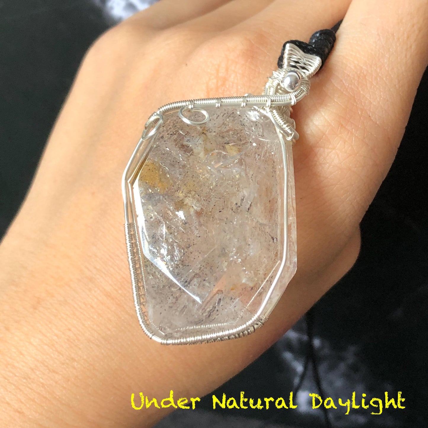 Rare Found! Polished Enhydro Golden Healer Quartz Large Pendant Adjustable Necklace: Moving White Granule & Big Shifting Bubble Inclusion Crystal | Natural Gemstone Birthstone Gift for her men chakra crystal purify stone minerals specimen yellow hematoid pendant inclusion crystal inclusion quartz jewelry rainbow quartz choker adjustable necklace enhydro crystal wire wrapped pendant quick sand inclusion bubble inclusion water inclusion quartz rainbow quartz palm stone quick sand