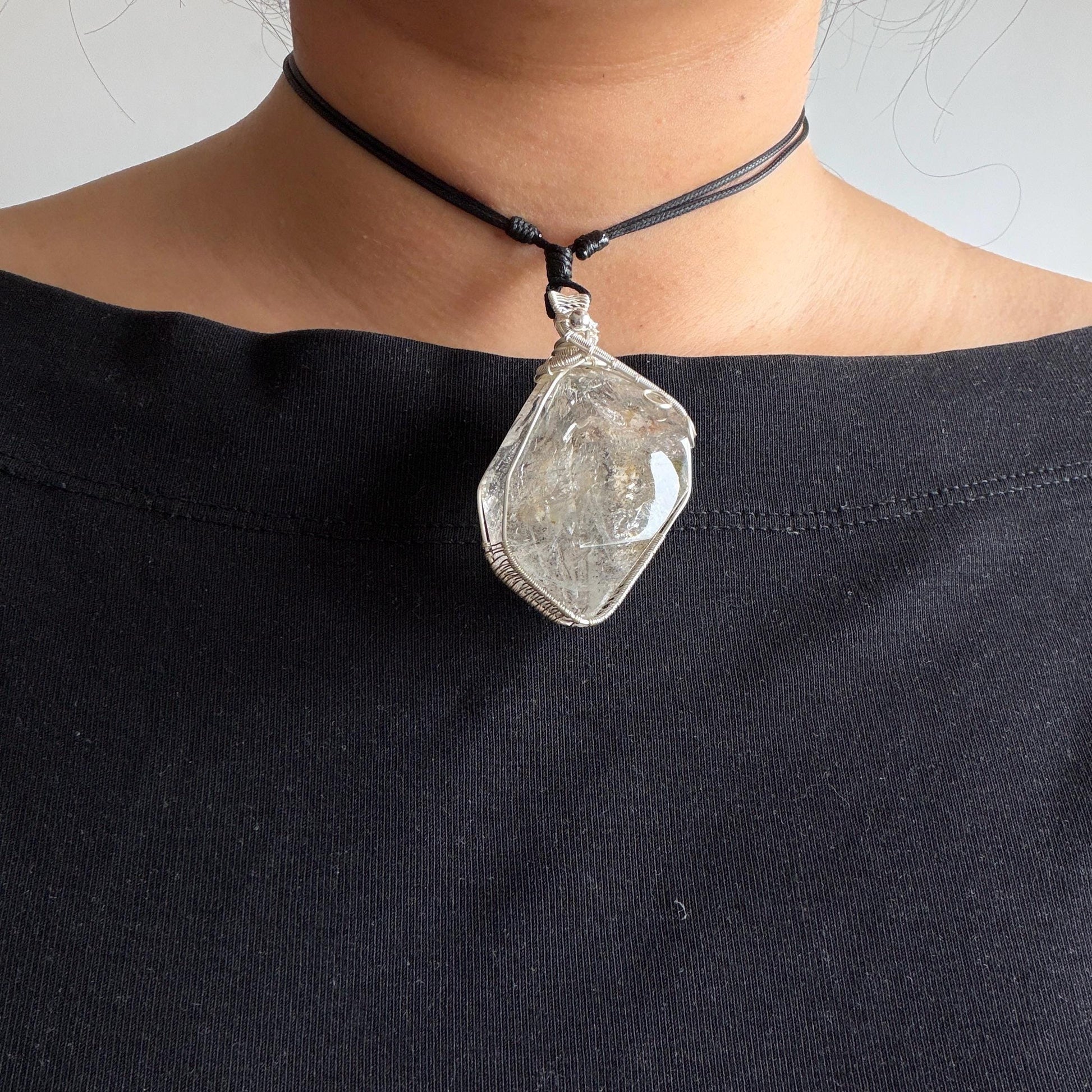 Rare Found! Polished Enhydro Golden Healer Quartz Large Pendant Adjustable Necklace: Moving White Granule & Big Shifting Bubble Inclusion Crystal | Natural Gemstone Birthstone Gift for her men chakra crystal purify stone minerals specimen yellow hematoid pendant inclusion crystal inclusion quartz jewelry rainbow quartz choker adjustable necklace enhydro crystal wire wrapped pendant quick sand inclusion bubble inclusion water inclusion quartz rainbow quartz palm stone quick sand