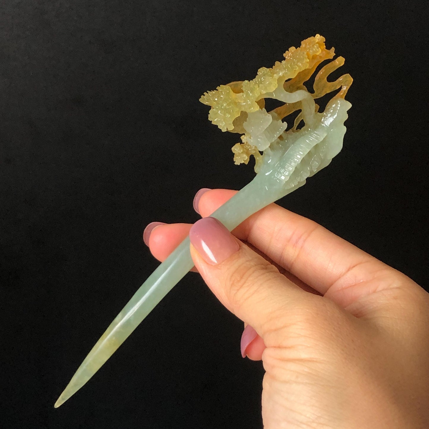 Certified Xiu Jade Serpentine Hand Carved Pavilions under Moon with Pine Tree Hair Pin: Natural Multicolour Orange Yellow GreenJade Hair Stick Hair Jewelry Chinese Vintage Hanfu Hair Fork gift for her green jade carving yellow jade flower carving landscapr carving hand engraved tree hairpins japanese hair stick korean hair pins vinatge hair fork chinese hair comb antique hairpins  accessory 3D stone carving asian hair crown hair claws