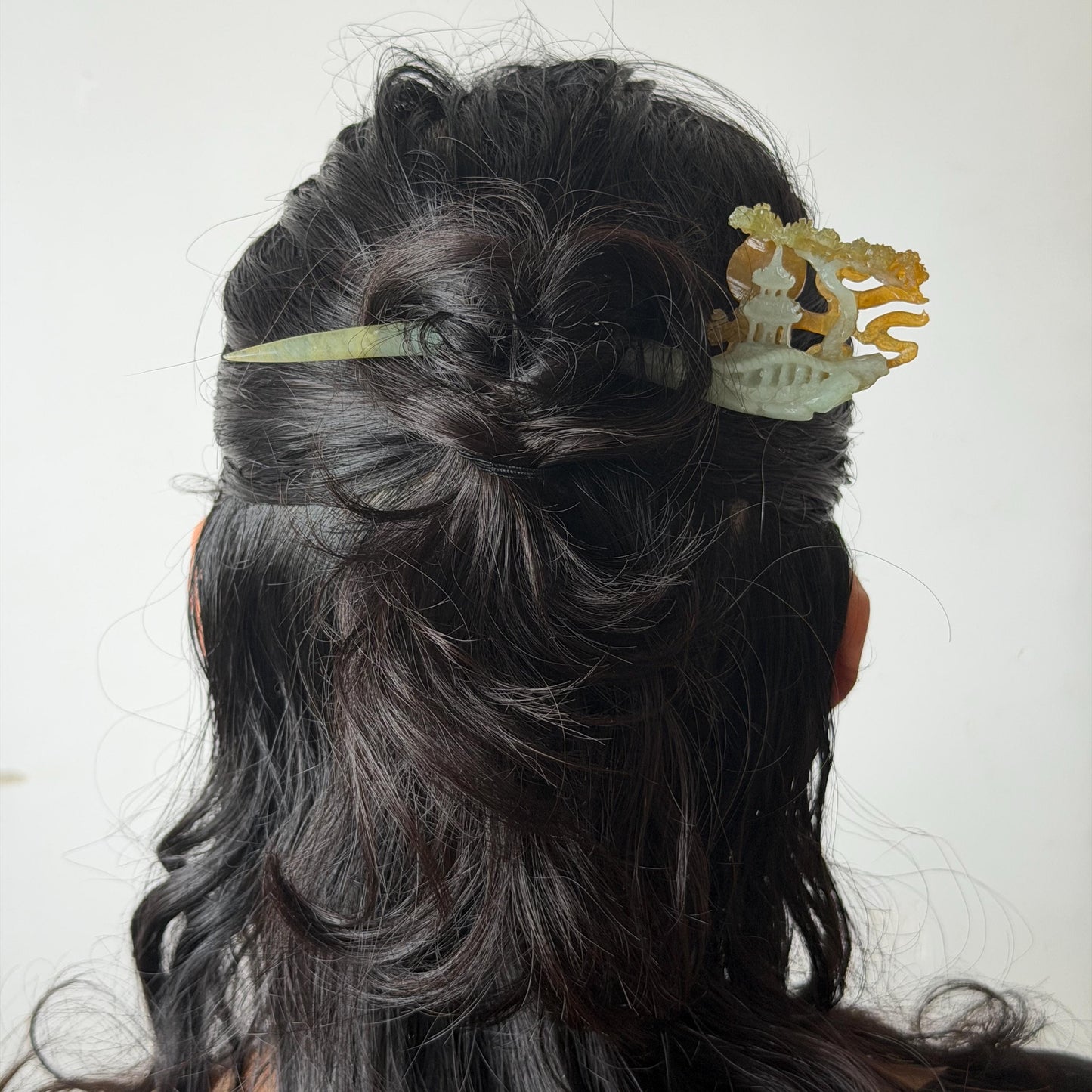 Certified Xiu Jade Serpentine Hand Carved Pavilions under Moon with Pine Tree Hair Pin: Natural Multicolour Orange Yellow GreenJade Hair Stick Hair Jewelry Chinese Vintage Hanfu Hair Fork gift for her green jade carving yellow jade flower carving landscapr carving hand engraved tree hairpins japanese hair stick korean hair pins vinatge hair fork chinese hair comb antique hairpins  accessory 3D stone carving asian hair crown hair claws