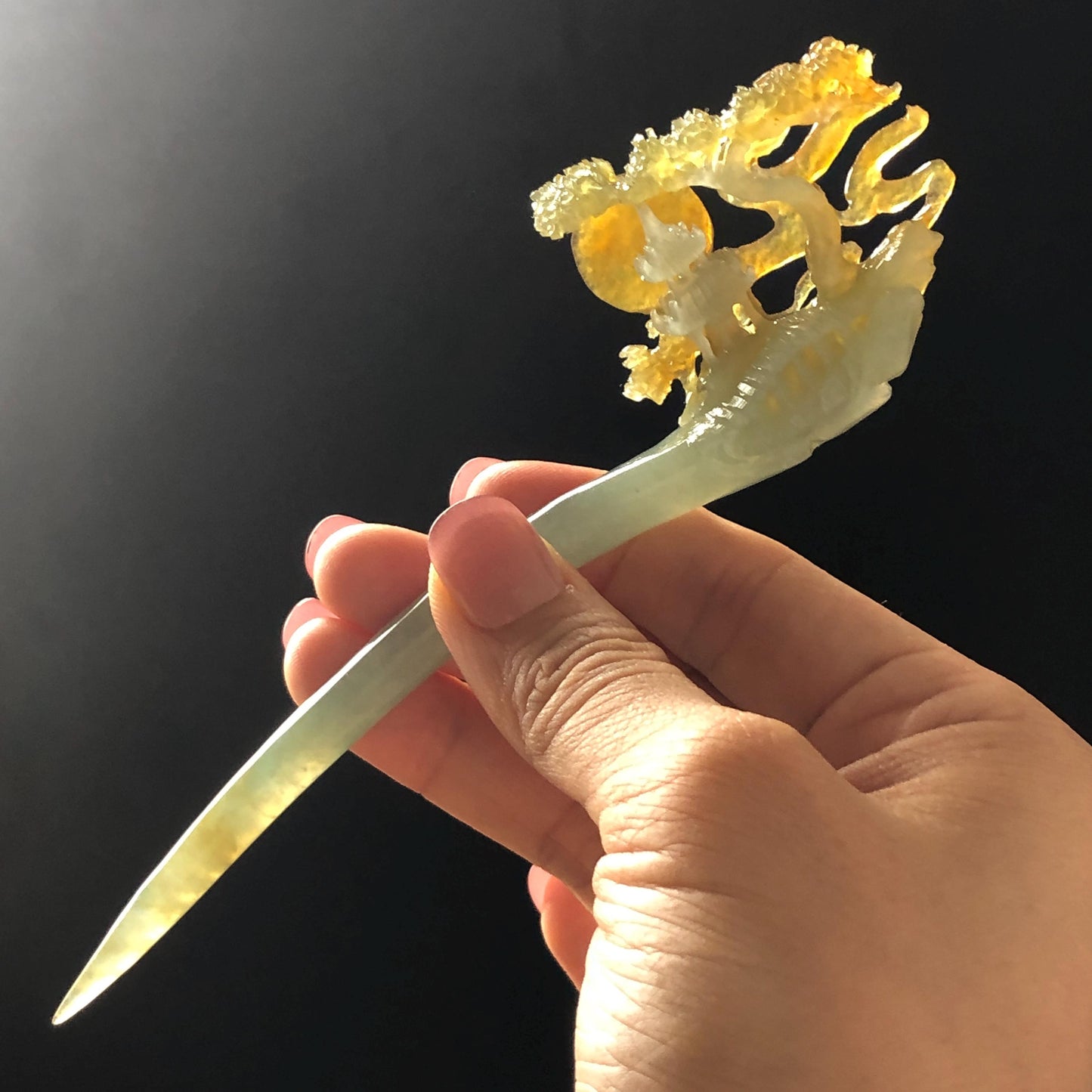 Certified Xiu Jade Serpentine Hand Carved Pavilions under Moon with Pine Tree Hair Pin: Natural Multicolour Orange Yellow Green Jade Jewelry