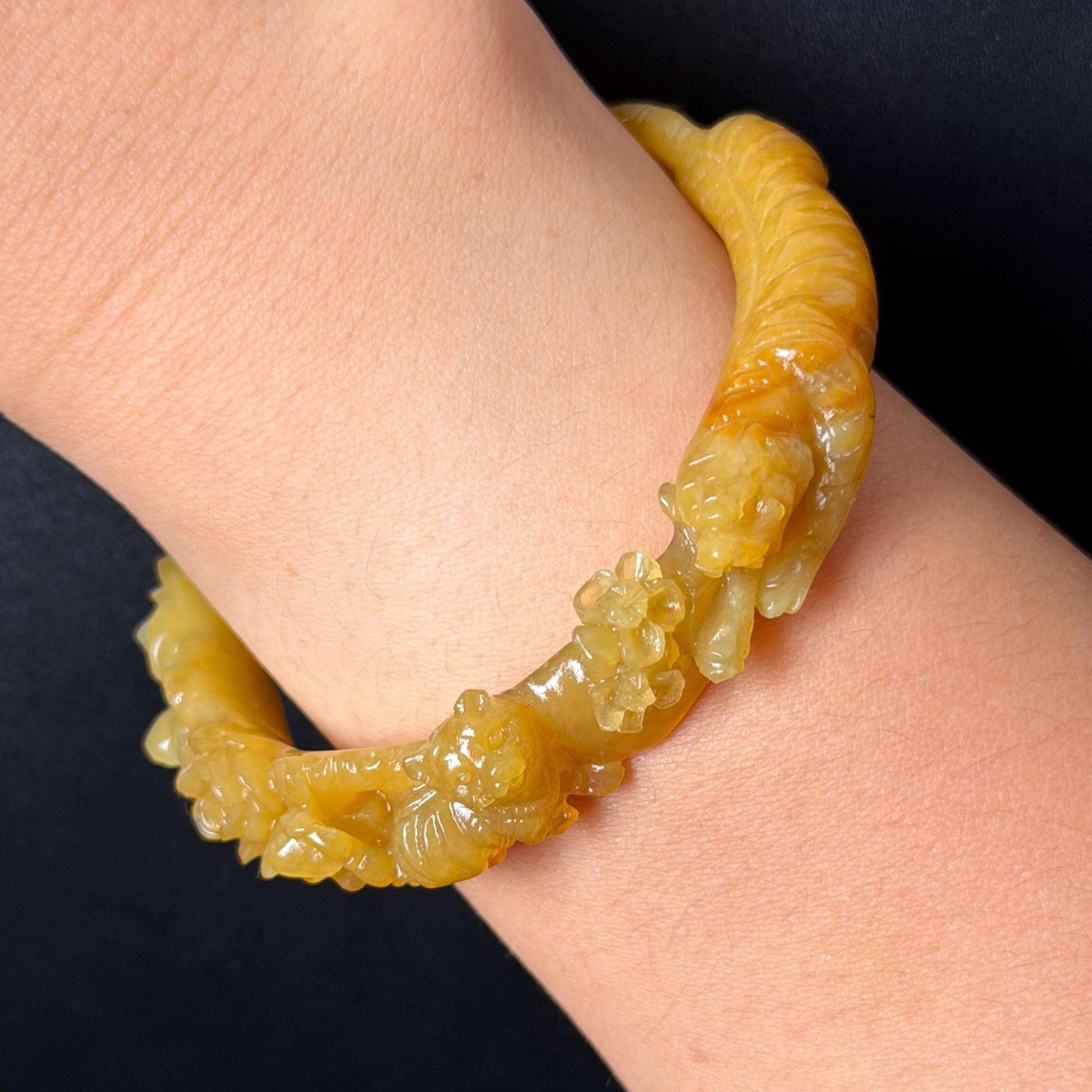 Custom Size 50-65mm! Xiu Jade Tiger & Rose Hand Craved Bangle: Certified Natural Serpentine Yellow Jade handcrafted Bracelet 3D stone carving Accept Customized order tailor-made bangle customized gift tiger lover gift for her custom size bangle natural jade with certificate bracelet yellow jade certified jade stone bangle gemstone bracelet crystal bangle jade carving rose carving flower carving personalized gift make to order antique bracelet chinese untreated jade birthday gift hallow out