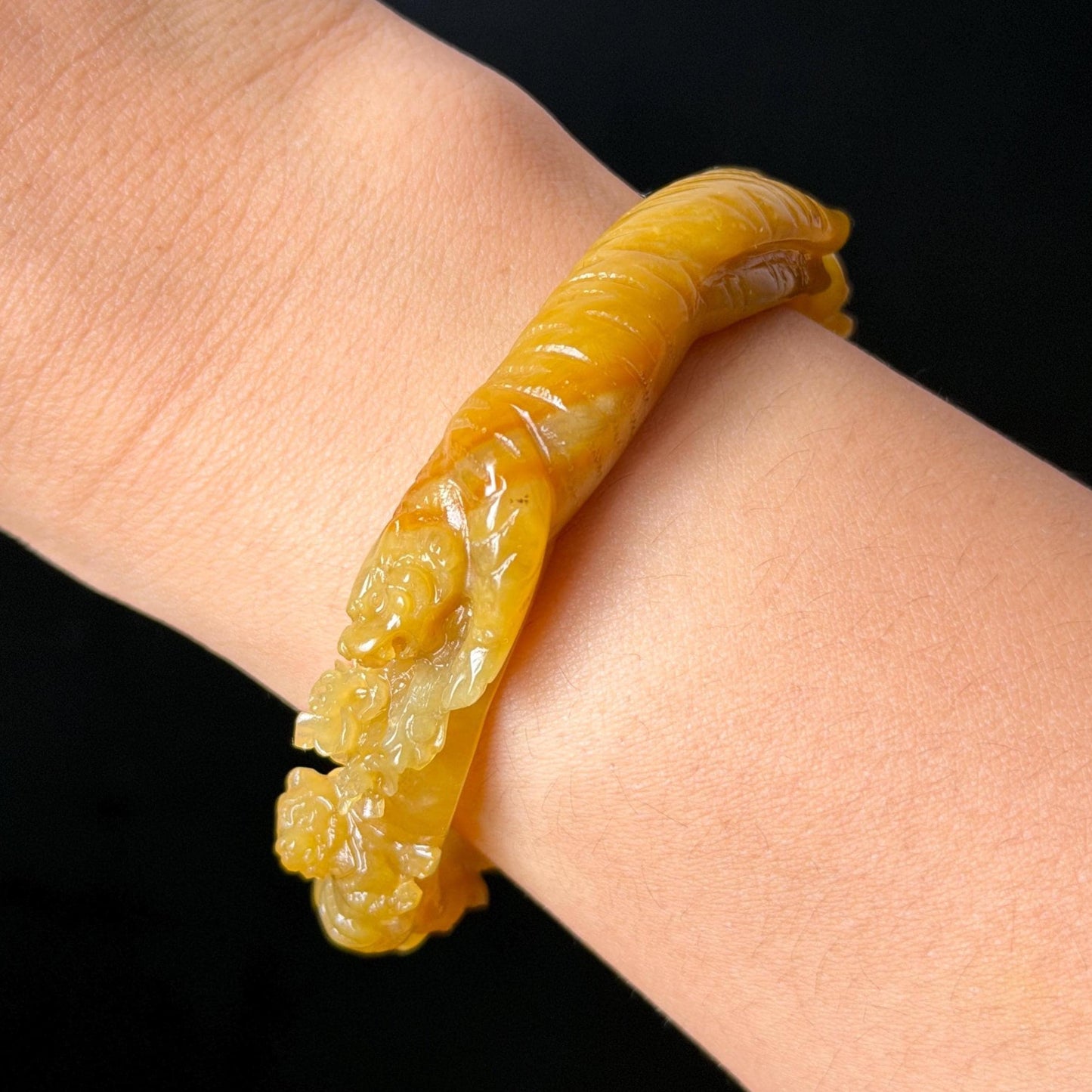 Custom Size 50-65mm! Xiu Jade Tiger & Rose Hand Craved Bangle: Certified Natural Serpentine Yellow Jade handcrafted Bracelet 3D stone carving Accept Customized order tailor-made bangle customized gift tiger lover gift for her custom size bangle natural jade with certificate bracelet yellow jade certified jade stone bangle gemstone bracelet crystal bangle jade carving rose carving flower carving personalized gift make to order antique bracelet chinese untreated jade birthday gift hallow out