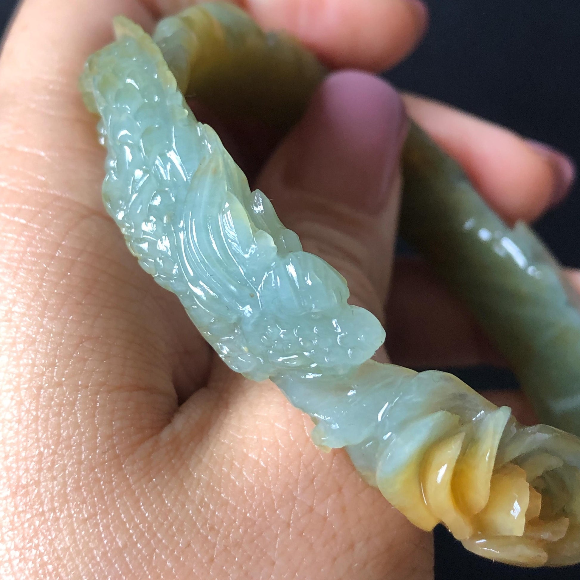 Custom Size 50-65mm! Xiu Jade Dragon & Phoenix Hand Carved Bangle: Certified Natural Serpentine Yellow Green Jade handcrafted Bracelet 3D stone carving Accept Customized order tailor-made bangle customized gift dragon lover gift for her natural jade with certificate bracelet green jade yellow jade multicolour jade certified jade stone bangle gemstone bracelet jade carving phoenix carving peony carving personalized gift make to order chinese untreated jade birthday gift hallow out